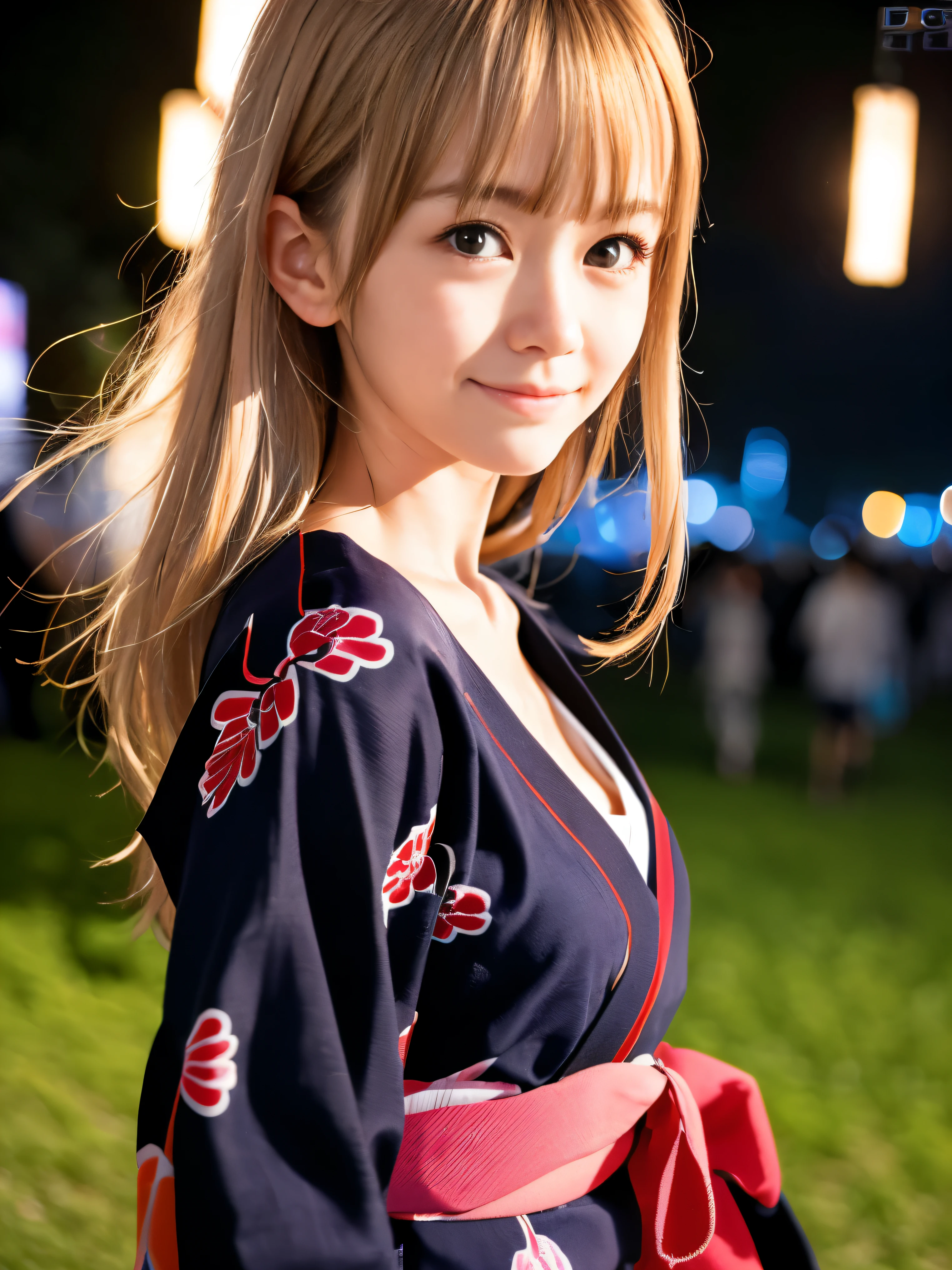 (Close up face shot of slender small-breasted half up blonde long hair with bangs girl in a long sleeves Japanese Yukata:1.5)、(One blonde hair girl is walking at the night festival in Japan at night with small smile:1.5)、(blurred background:1.5)、(perfect anatomy:1.5)、photorealistic stick、Raw photo、table top、highest quality、High resolution、delicate and beautiful、perfect face、Delicate and beautiful eye air skin、Real Human Skin、((thin legs))