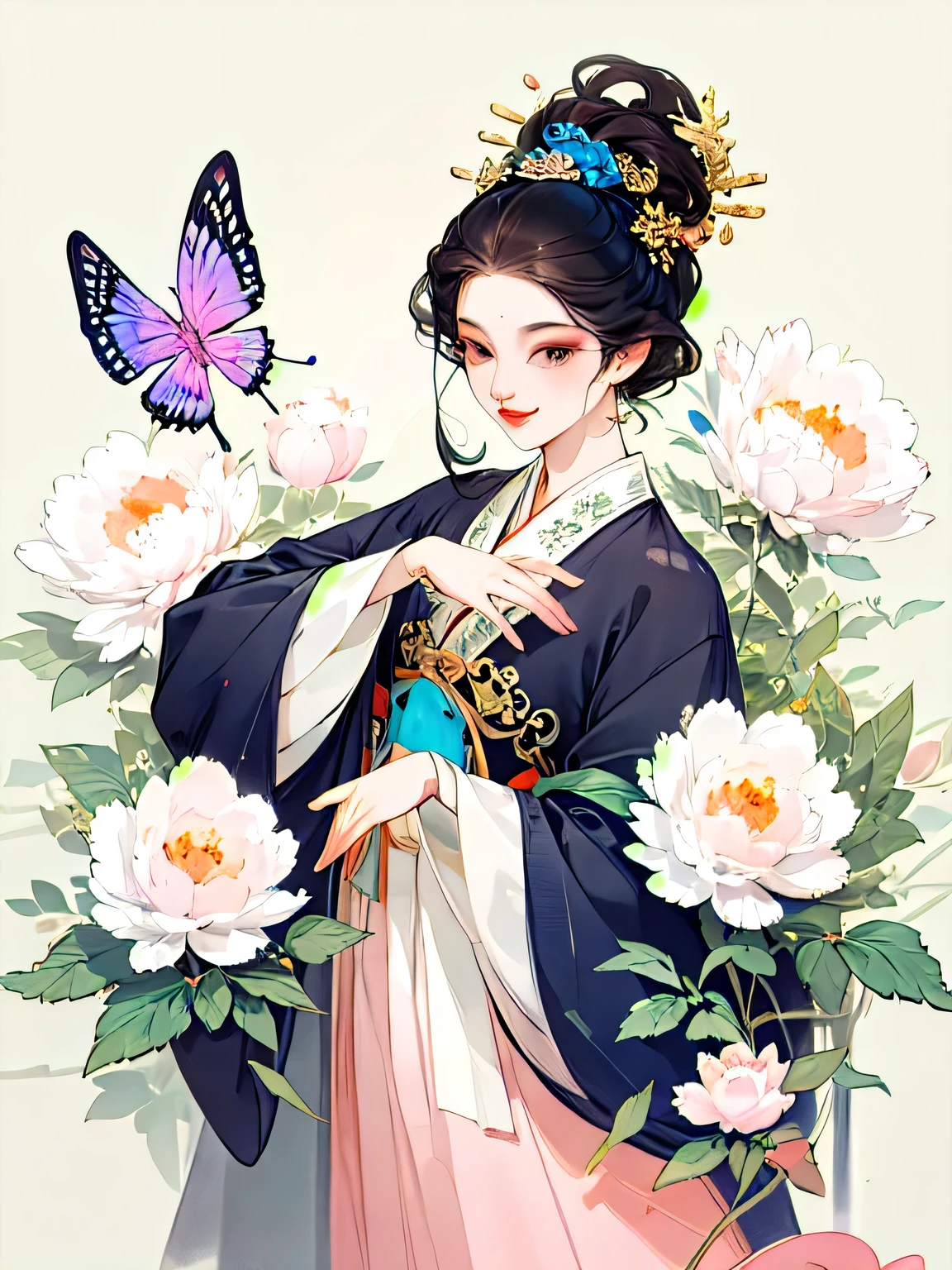 A cheerful elegant beauty, dignified and courteous, smart and confident, wearing ancient Chinese clothing, pastel-colored clothes, hand hiding in sleeves, lazy pose, light bright color silk, peony flower, butterflies, ink painting style, clean color, decisive cut, blank space, masterpiece, super detailed , epic composition, bright background