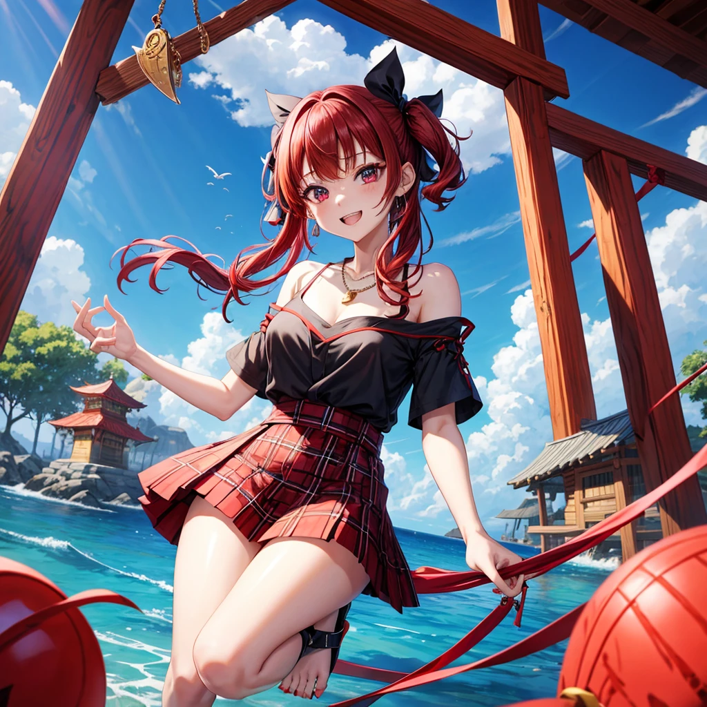 Anime with sexy girl in lingerie posing on the field, 1girl in, breasts, Solo, reimu hakurei, thighs thighs thighs thighs, Swimsuit, bikini of, Red Eyes, Large breasts, Navel, Hair Bow, Bow, Long hair, Red bow, black thighhighs, fronds, frilld, hair tubes, Outdoors, garter strap, Lace-trimmed legwear, Looking at Viewer, skyporn, cloud, Stomach, Ruffle bow, side-tie bikini bottom, Brown hair, Collar, Red bikini, day, Blue sky, Lace trim, Black Bikini, cleavage, Cowboy Shot, Closed mouth --auto