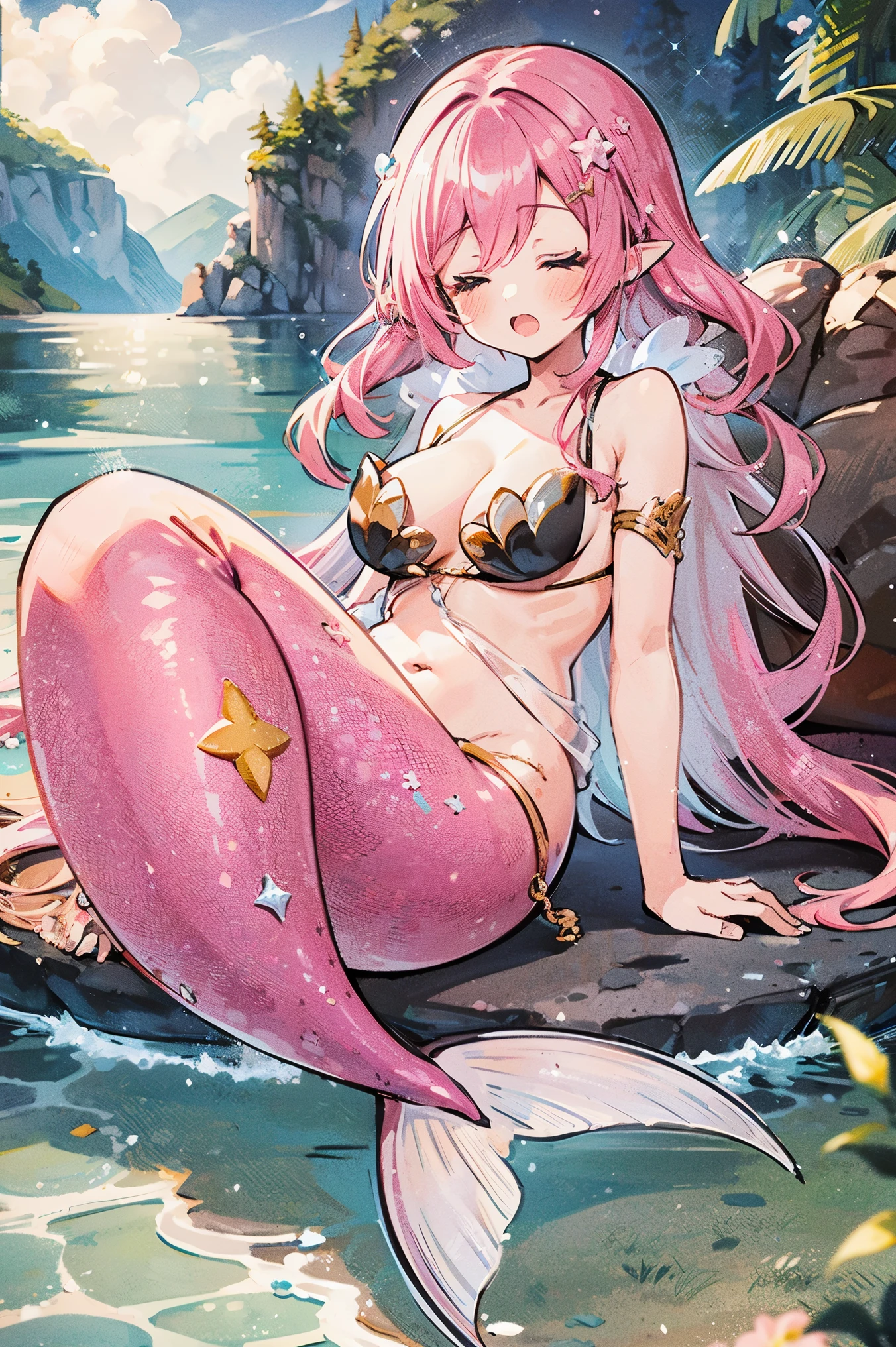 masterpiece, best quality,a woman,big breasts,Mermaid,pink mermaid tail,pink hair,full-body shot,beach,sit on the shore,eyes closed,Open your mouth and sing,Play the harp,charming脸(kawaii, charming,soft)