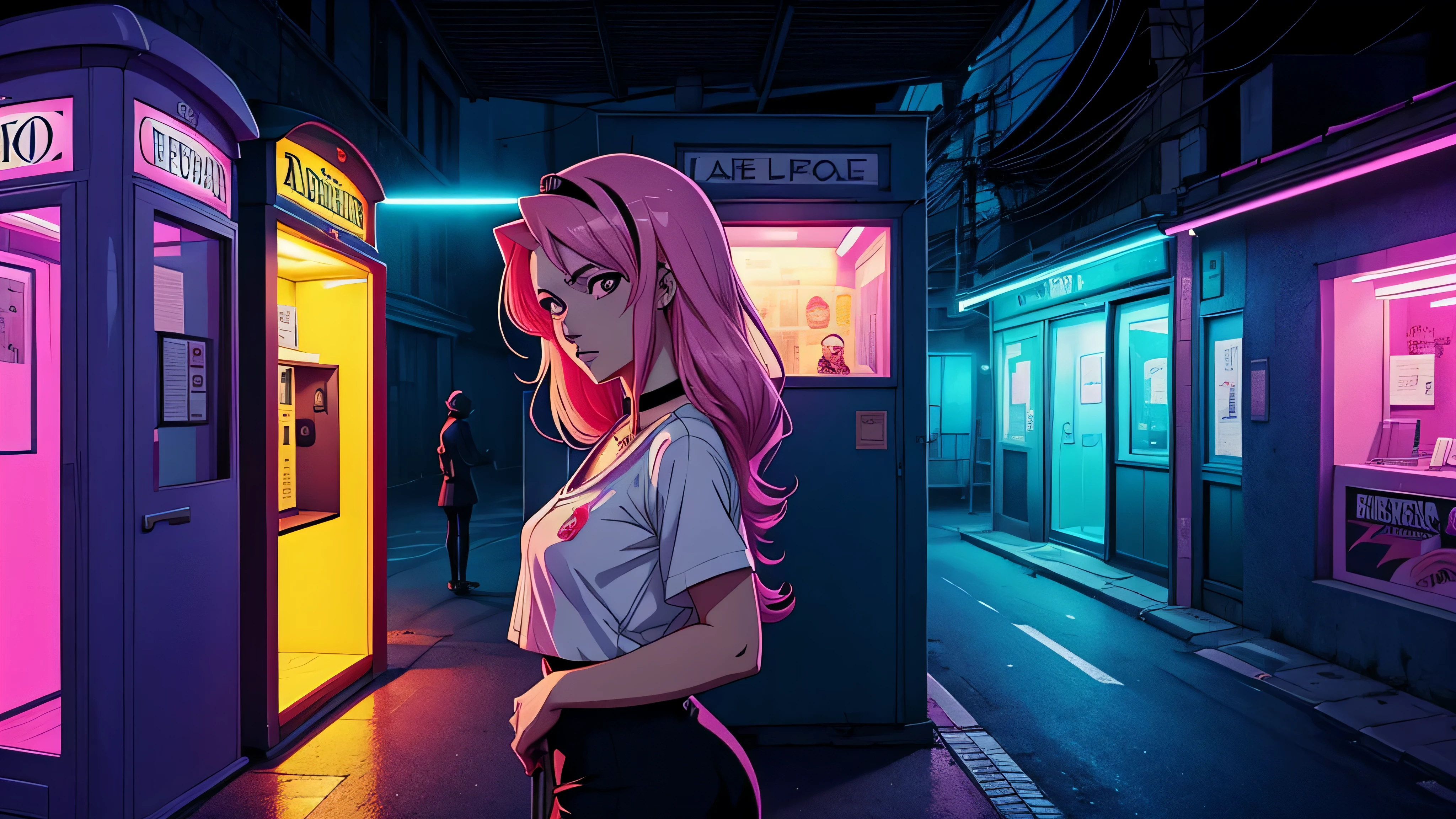 garota de anime, corpo inteiro, next to a phone booth, telefone, Capa do álbum Anime Phonk Brain Sick, musica, ondas sonoras, com cores em preto neon