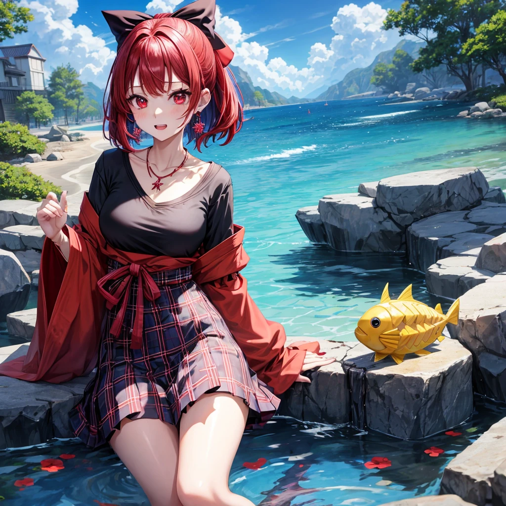 Red-blue hair、red eyes、one good looking girl、solo、anime、plaid mini skirt、black camisole、black t-shirt、kimono、wearing a ribbon、ribbon at waist、stones are piled up、crystal earrings、jewelry necklace、Light and shadow、tilting one&#39;s face、teeth are visible、、Wearing geta、lots of crystals、Lock、in the clouds、pillar、Angel、The fish is bouncing