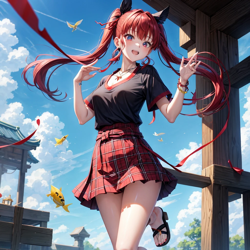 Red-blue hair、red eyes、one good looking girl、solo、anime、plaid mini skirt、black camisole、black t-shirt、kimono、wearing a ribbon、ribbon at waist、stones are piled up、crystal earrings、jewelry necklace、Light and shadow、tilting one&#39;s face、teeth are visible、、Wearing geta、lots of crystals、Lock、in the clouds、pillar、Angel、The fish is bouncing