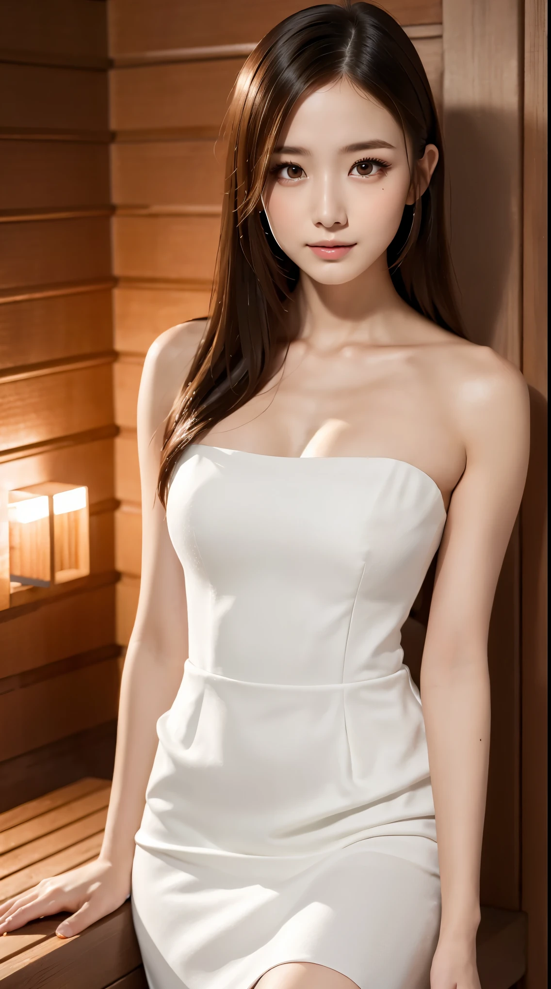 1girl, solo, (anna_girl, best quality, 8K wallpaper, photorealistic, mulberry:1.37), Deep Focus, viewer, 18 years old, pretty Japan woman, slender figure: 1.1, small breasts, sitting, in the sauna, blushing cheeks, dark hair, sweating profusely, (white big size towel dress strapless), Finnish sauna, realistic body, gloss slip, Bun hair