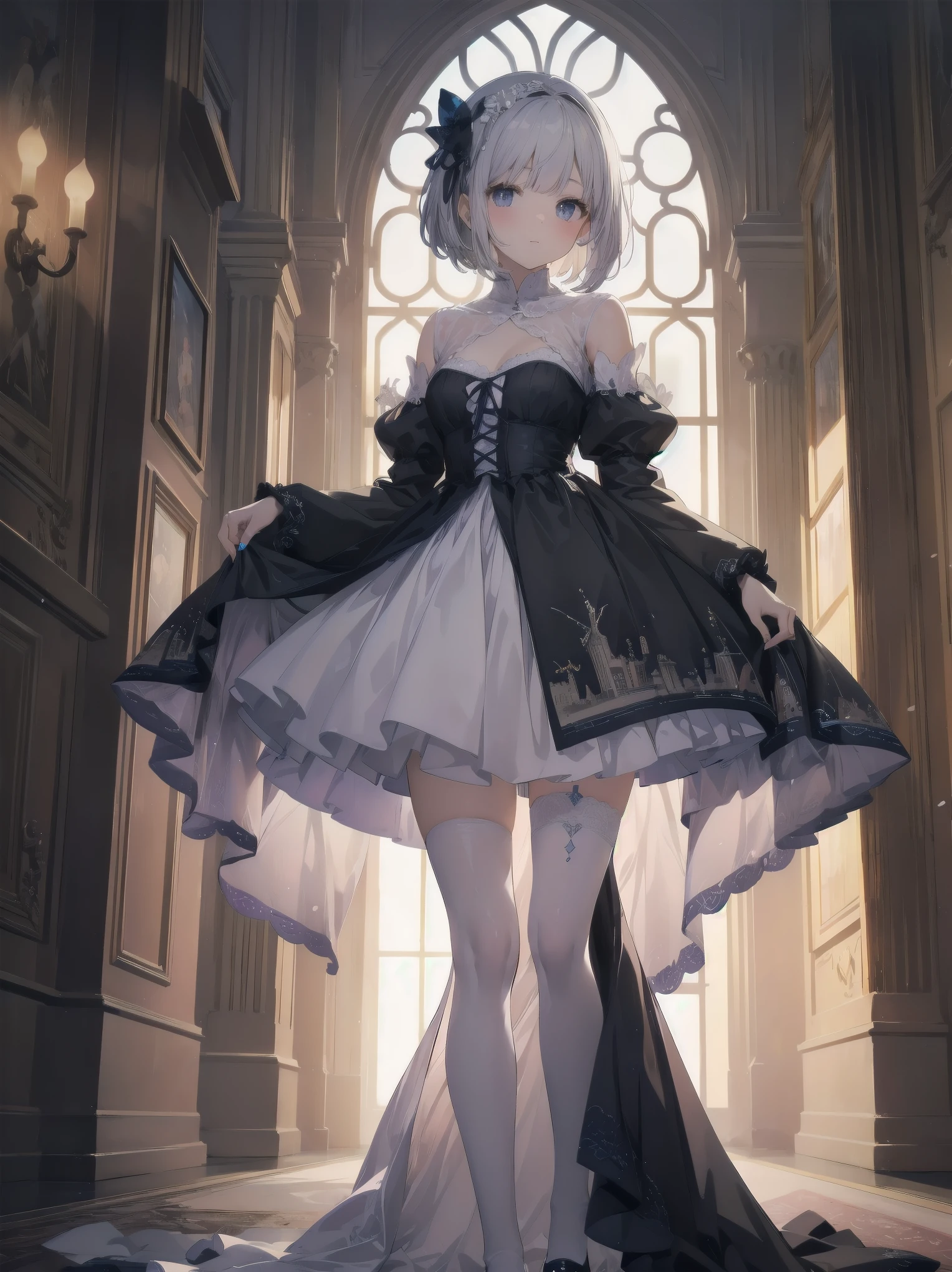 bride: wedding ring shining on ring finger Fusion of medieval European fashion Emphasis on elements of cuteness and adoration Posed illustration of the overwhelming cuteness of the character in the foreground Overwhelming architectural and cityscape background Ultra-detailed, rich, contemporary interpretation of medieval Europe and fantasy world Realistic textures, Professional artistic shading and light sources, scene-like cinematography and effects, depth of subject One beautiful girl, super cute, bob cut, side ponytail, perfect anatomy 
Colours: pastel, white, pale purple, blue, gingham check 
Materials: chiffon, lace, satin, velvet, etc. Silhouette: fluffy skirt, A-line, long length 
Decoration: frills, ribbons, lace, pearls, embroidery etc. Coordinates Romantic princess: pastel dress, lace blouse, fluffy skirt, ribbon hair accessory, black tights Add accessories and accessories to personalise.