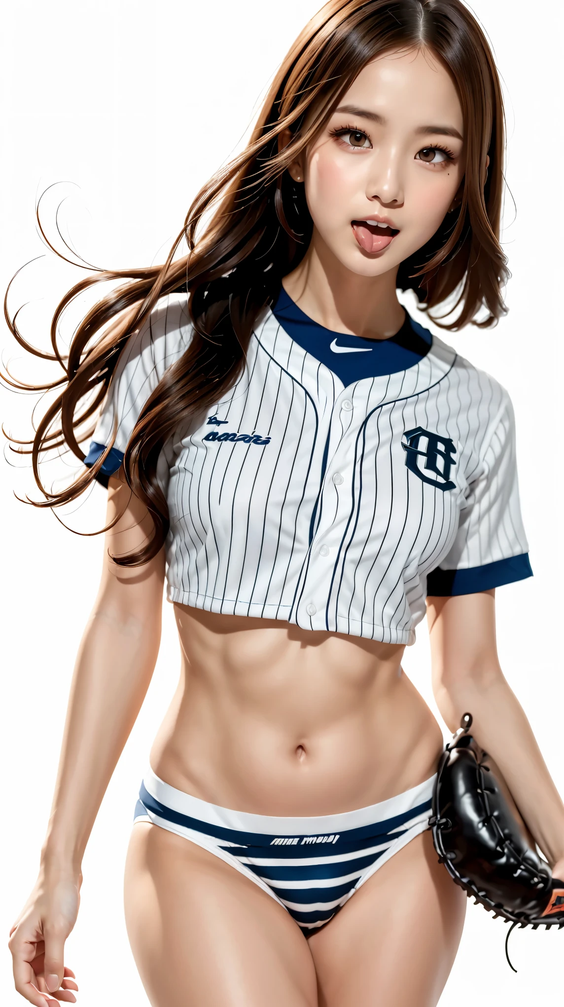 anna_girl, ((anna_toungueout)), ((out tongue)), ((tongue out)), ((ultra detailed tongue)), japanese_girl, 18 year old girl, (((baseball uniform:1.1), ((panties with fine stripes)), from below)), realistic photo, Highly detailed face and skin texture, natural neck length, (Dark brown hair, wavy hair, high ponytail hair:1.2), standard body, ((small breasts)), symmetric clear eyes, cute eyes, close eye, BREAK, 
((simple white background:1.4)), full-body shot