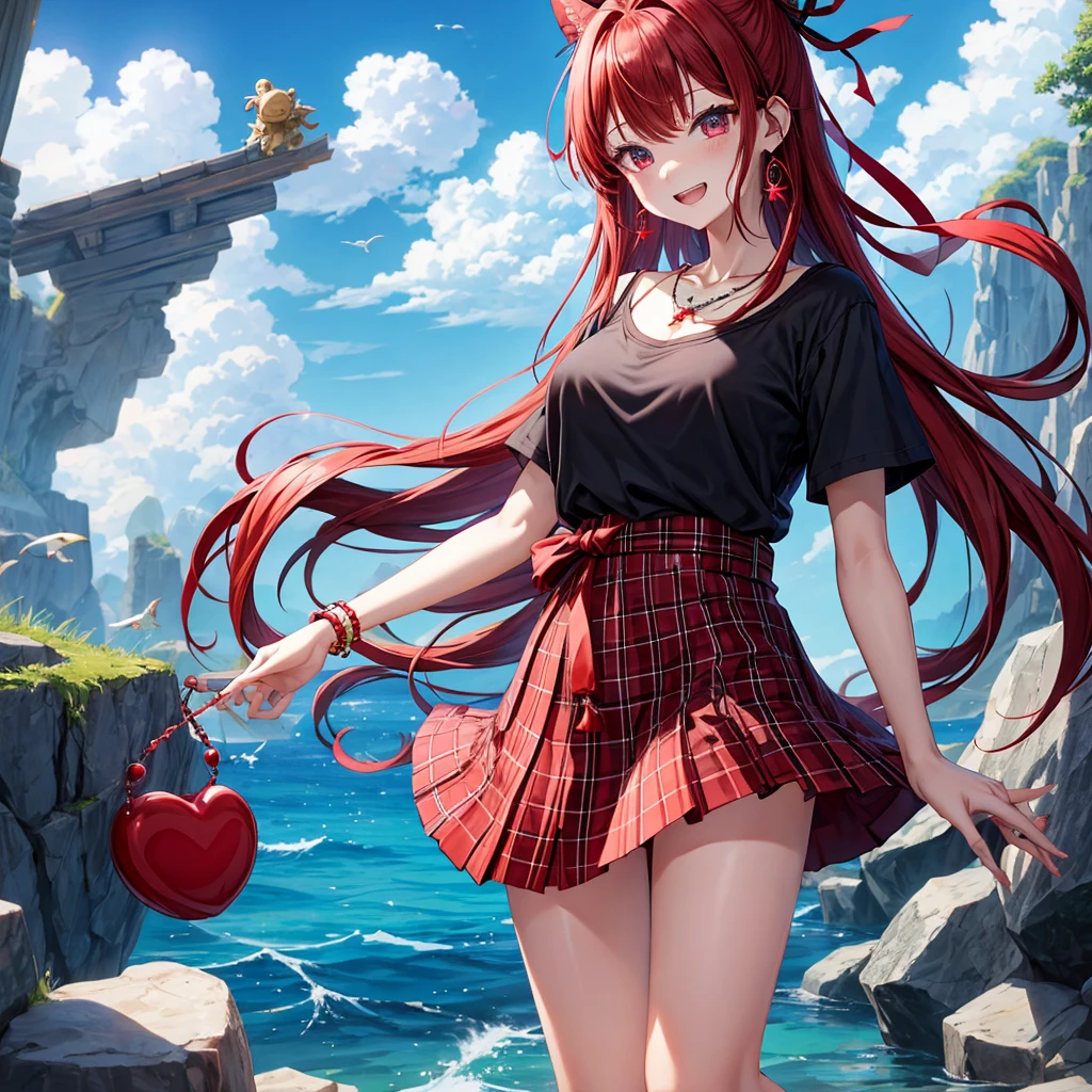 Red-blue hair、red eyes、one good looking girl、solo、anime、plaid mini skirt、black camisole、black t-shirt、kimono、wearing a ribbon、ribbon at waist、stones are piled up、crystal earrings、jewelry necklace、Light and shadow、tilting one&#39;s face、teeth are visible、、Wearing geta、lots of crystals、Lock、in the clouds、pillar、Angel、The fish is bouncing