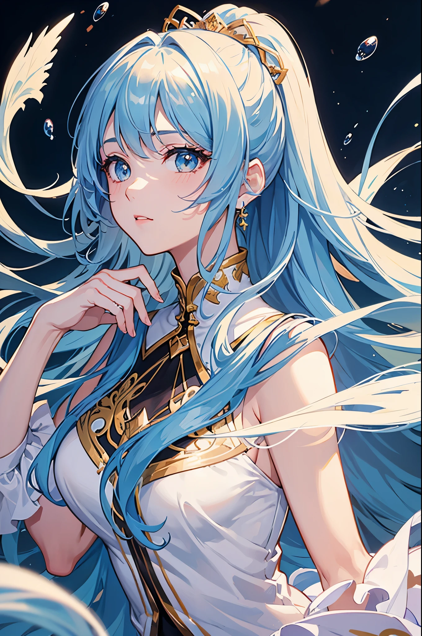 (masterpiece), (best quality), (Super detailed),(disheveled hair),(illustration), (1 girl), (fashion clothing), permanent, fashion model, looking at the audience, (interview), (Simple background),Beautiful and delicate eyes, Exquisite and beautiful face, floating,(high saturation),(colorful splash),Colorful bubbles,(shining), focus on face, ponytail, Ayaka Uesou, light blue hair, Bangs, hair ring, floating花朵, floating hair, (shining), best lighting, best shadow,