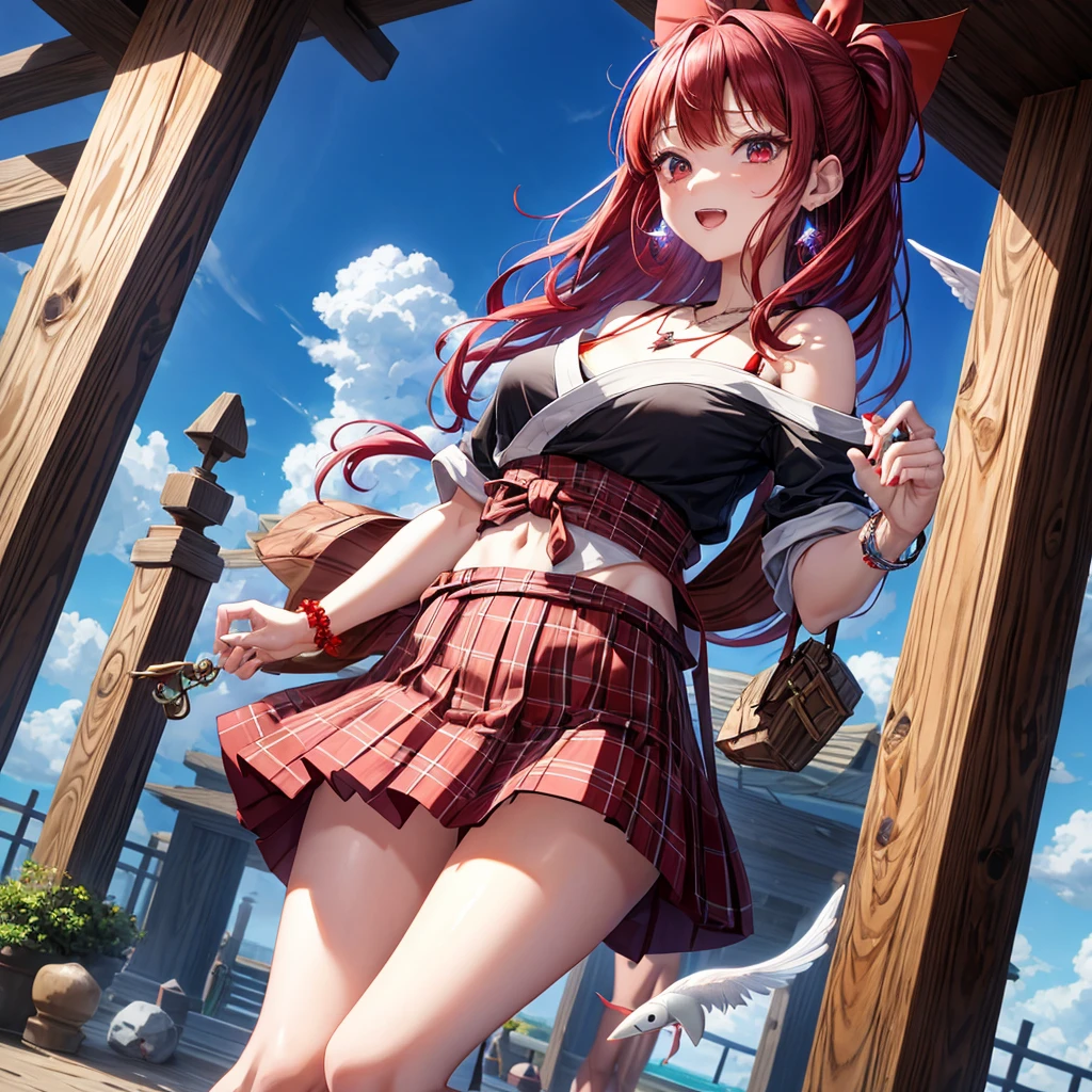 Red-blue hair、red eyes、one good looking girl、solo、anime、plaid mini skirt、black camisole、black t-shirt、kimono、wearing a ribbon、ribbon at waist、stones are piled up、crystal earrings、jewelry necklace、Light and shadow、tilting one&#39;s face、teeth are visible、、Wearing geta、lots of crystals、Lock、in the clouds、pillar、Angel、The fish is bouncing