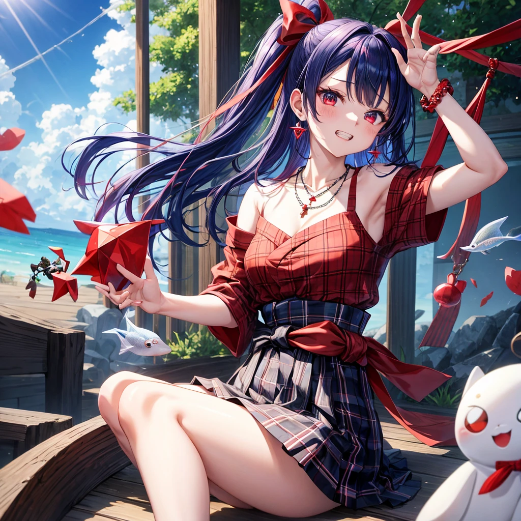Red-blue hair、red eyes、one good looking girl、solo、anime、plaid mini skirt、black camisole、black t-shirt、kimono、wearing a ribbon、ribbon at waist、stones are piled up、crystal earrings、jewelry necklace、Light and shadow、tilting one&#39;s face、teeth are visible、、Wearing geta、lots of crystals、Lock、in the clouds、pillar、Angel、The fish is bouncing