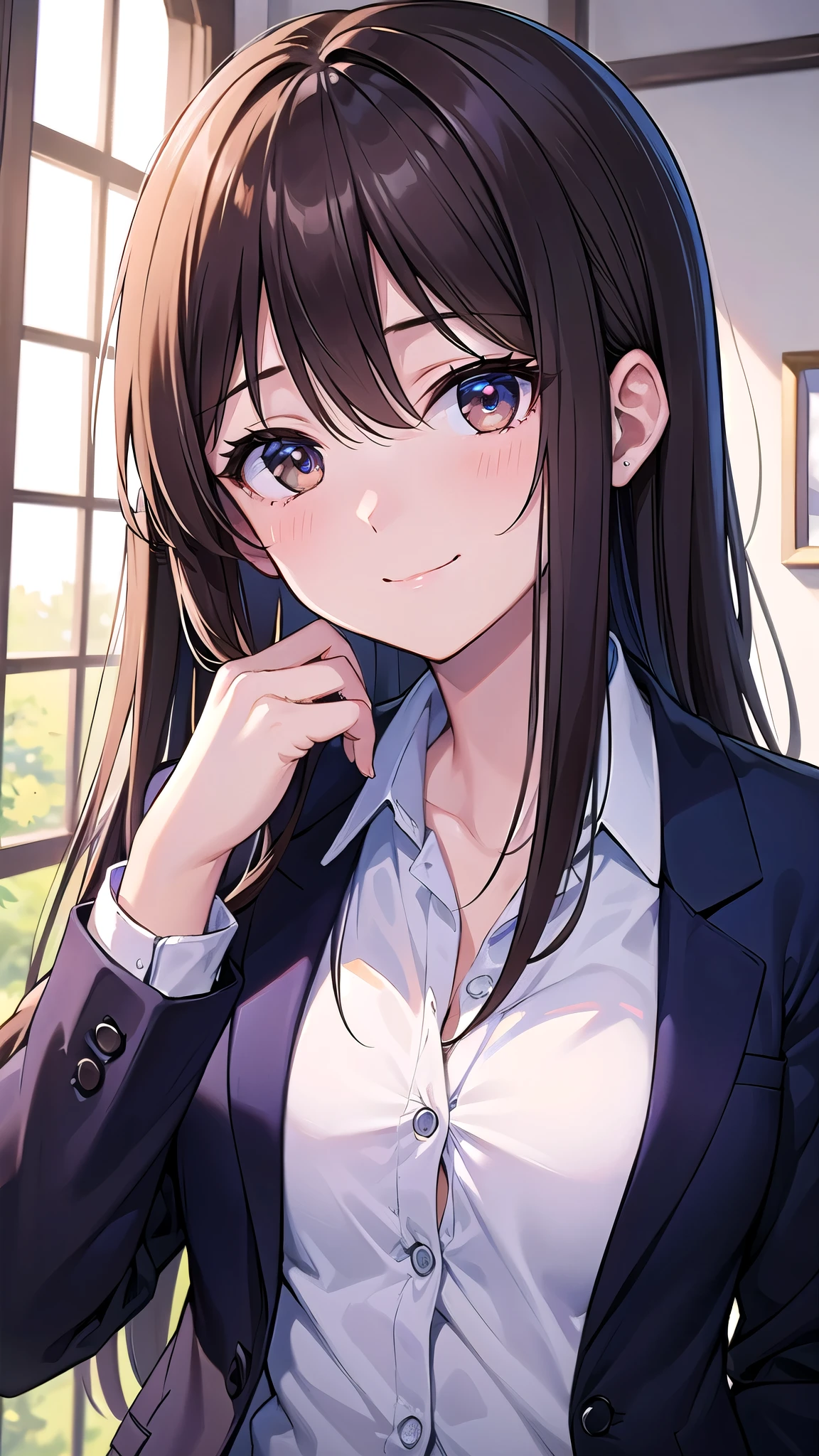 (masterpiece), (highest quality), (Super detailed), (beautiful illustrations), (pretty girl), 1 girl, brown hair, straight hair, long hair, flowing bangs, shiny hair, brown eyes, beautiful and delicate eyes, drooping eyes, small breasts, 18-year-old, detailed , navy blazer, (from the front), (Portrait), to close range, looking at the camera, smile, closed mouth, indoor,