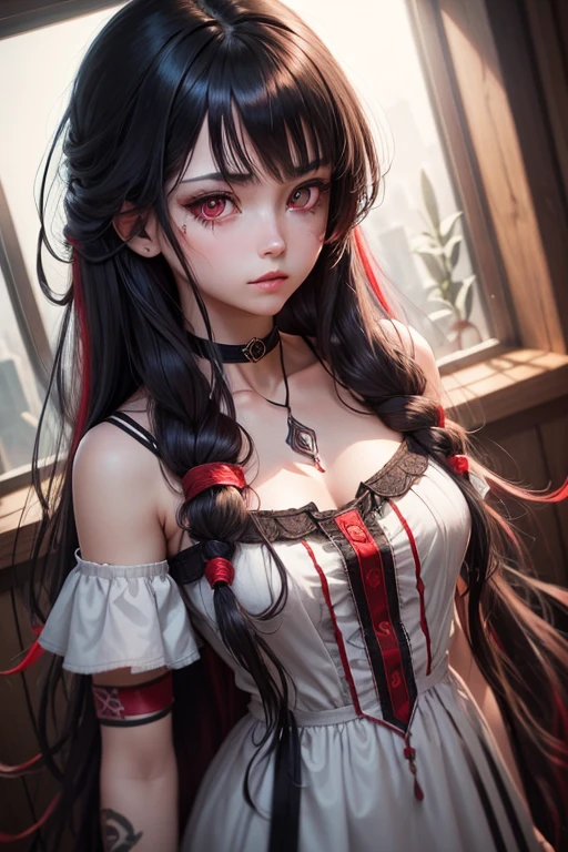 highest quality, intricate details, chromatic aberration, 1 girl, long hair, black hair, messy hair, red highlights, hair above one eye, red eyes, clear eyes, choker,, , armband, turn your arms behind your back, tied arms,