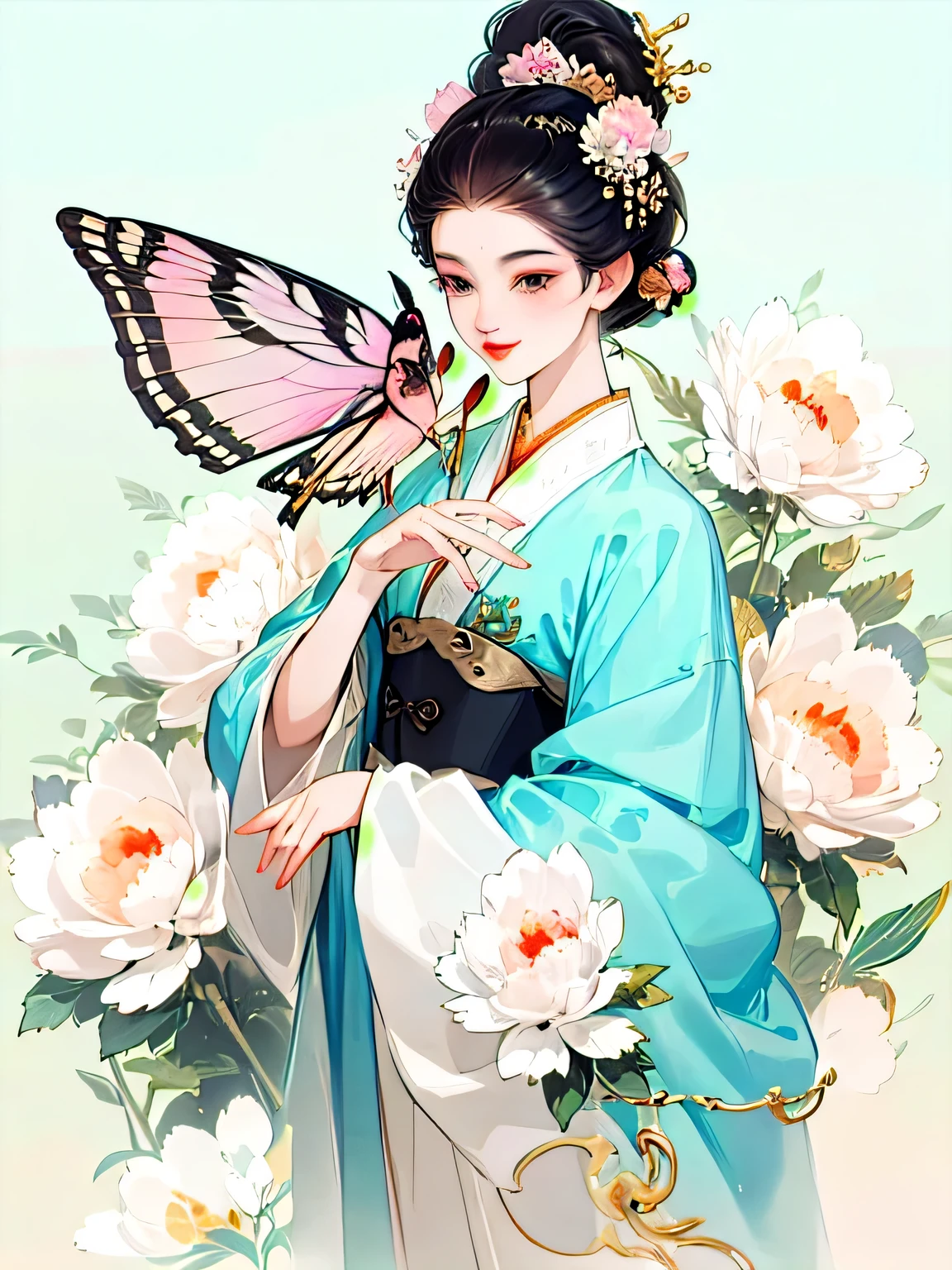 A cheerful elegant beauty, dignified and courteous, smart and confident, wearing ancient Chinese clothing, pastel-colored clothes, hand hiding in sleeves, lazy pose, light bright color silk, peony flower, butterflies, ink painting style, clean color, decisive cut, blank space, masterpiece, super detailed , epic composition, bright background
