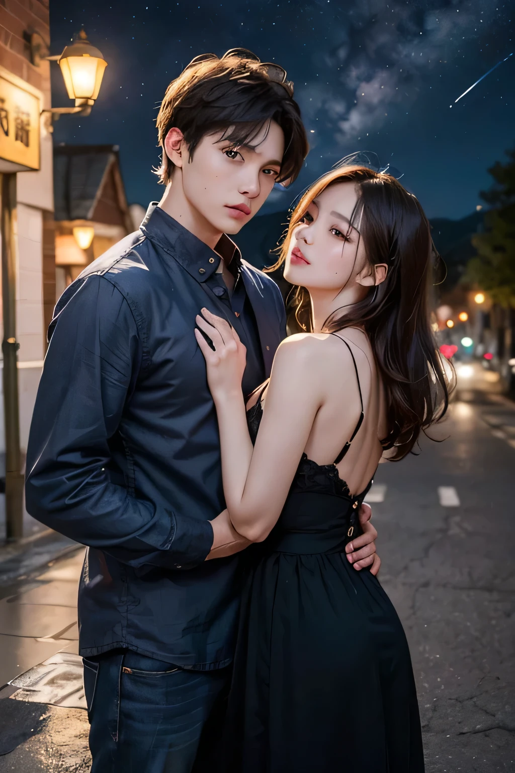 ((highest quality)), ((masterpiece)), (be familiar with), perfect face(masterpiece、highest quality、High level image quality、super resolution,In 8K), (Raw photo:1.2), (Photoreal:1.4), (beautiful girl,two people in a couple,men look like idols,20th generation),A cool breeze blows、(night sky、night starilky Way)、two people looking up at the sky、professional photos、beautiful starry sky、romantic couple、Looking up at the sky with a back hug、