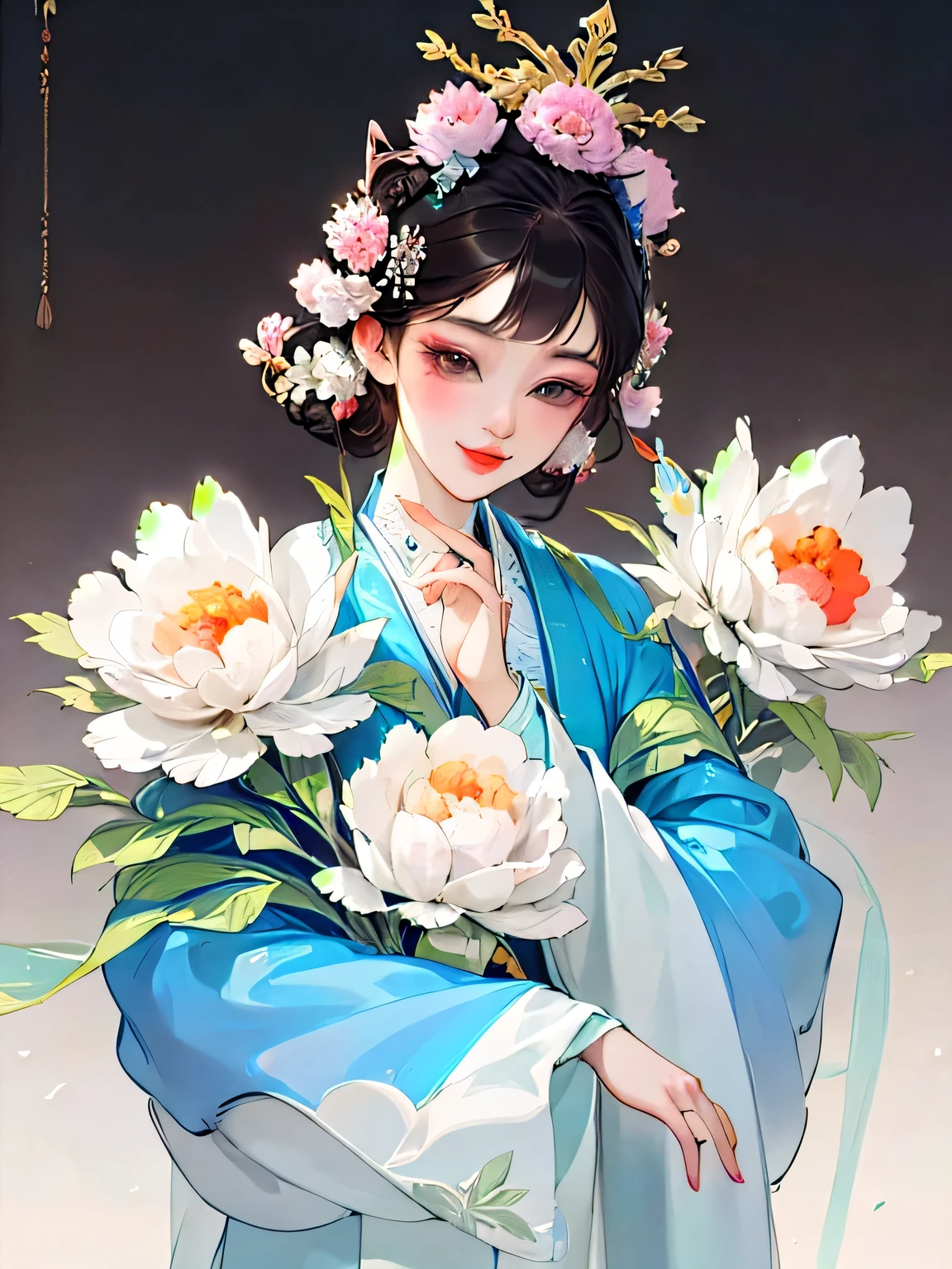 A cheerful elegant 16 years old beauty, dignified and courteous, smart and confident, wearing ancient Chinese clothing, pastel-colored clothes, hand hiding in sleeves, lazy pose, light bright color silk, peony flower, butterflies, ink painting style, clean color, decisive cut, blank space, masterpiece, super detailed , epic composition, bright background