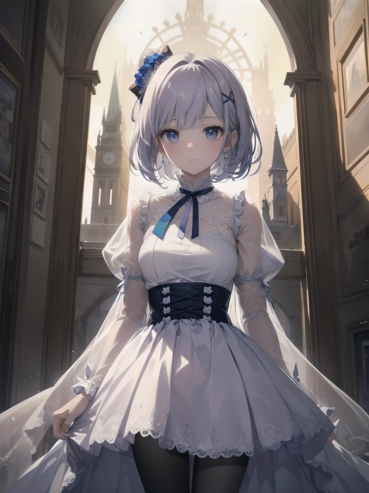 bride: wedding ring shining on ring finger Fusion of medieval European fashion Emphasis on elements of cuteness and adoration Posed illustration of the overwhelming cuteness of the character in the foreground Overwhelming architectural and cityscape background Ultra-detailed, rich, contemporary interpretation of medieval Europe and fantasy world Realistic textures, Professional artistic shading and light sources, scene-like cinematography and effects, depth of subject One beautiful girl, super cute, bob cut, side ponytail, perfect anatomy
Colours: pastel, white, pale purple, blue, gingham check
Materials: chiffon, lace, satin, velvet, etc. Silhouette: fluffy skirt, A-line, long length
Decoration: frills, ribbons, lace, pearls, embroidery etc. Coordinates Romantic princess: pastel dress, lace blouse, fluffy skirt, ribbon hair accessory, black tights Add accessories and accessories to personalise.