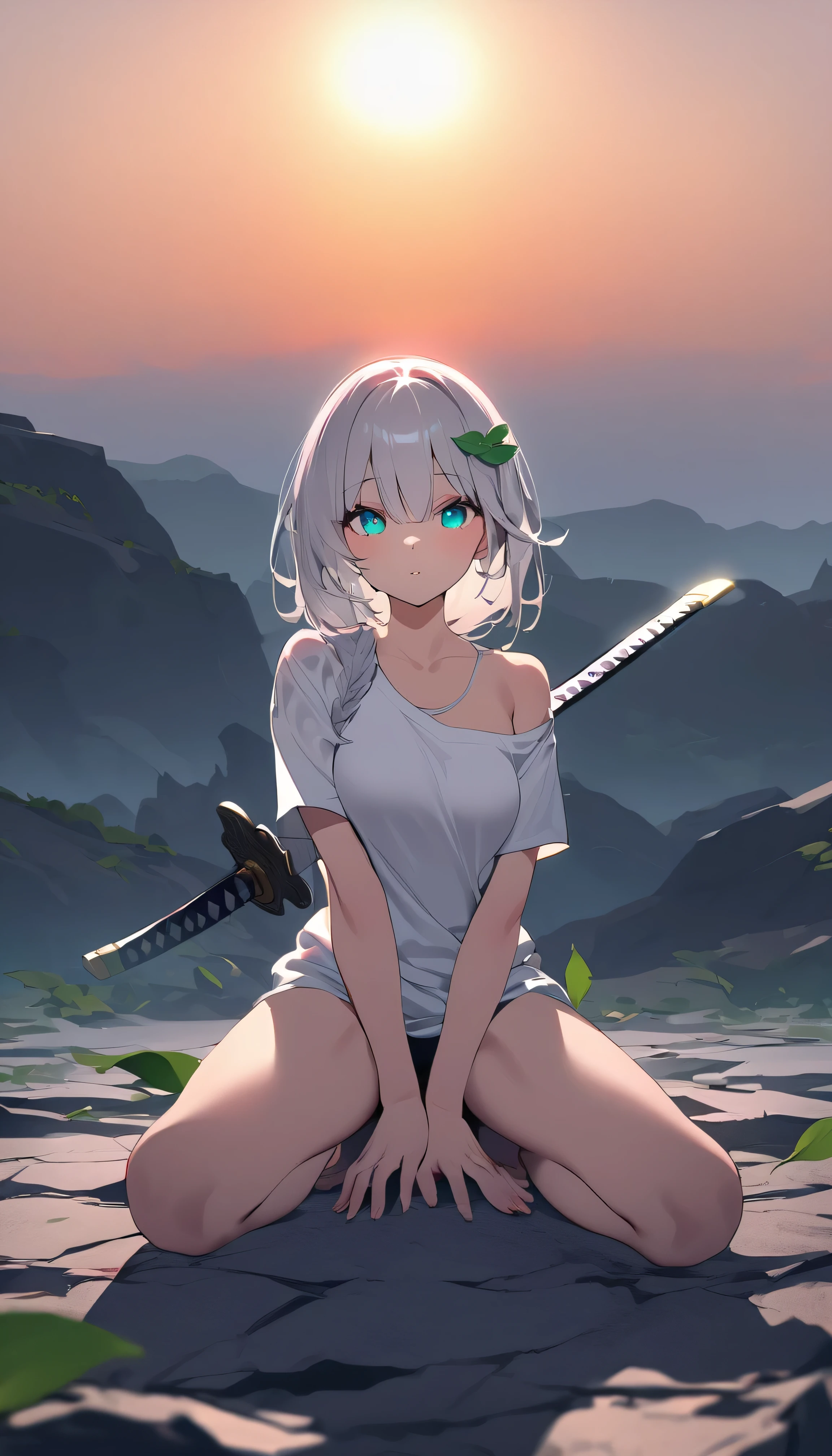 Masterpiece, saturate, full HD, best quality, 1girl, ( young girl, cute girl), slim body.medium breast, white light hair.detailed beautiful eyes. Glowing eye. Bright aqua eyes, long hair, bangs, white T - shirt oversized, kneeling position, holding katana. Green leaf hair ornament, shadows surrounding girl, foggy theme, rocky plain background and many swords sticking into the ground, foggy,sunset