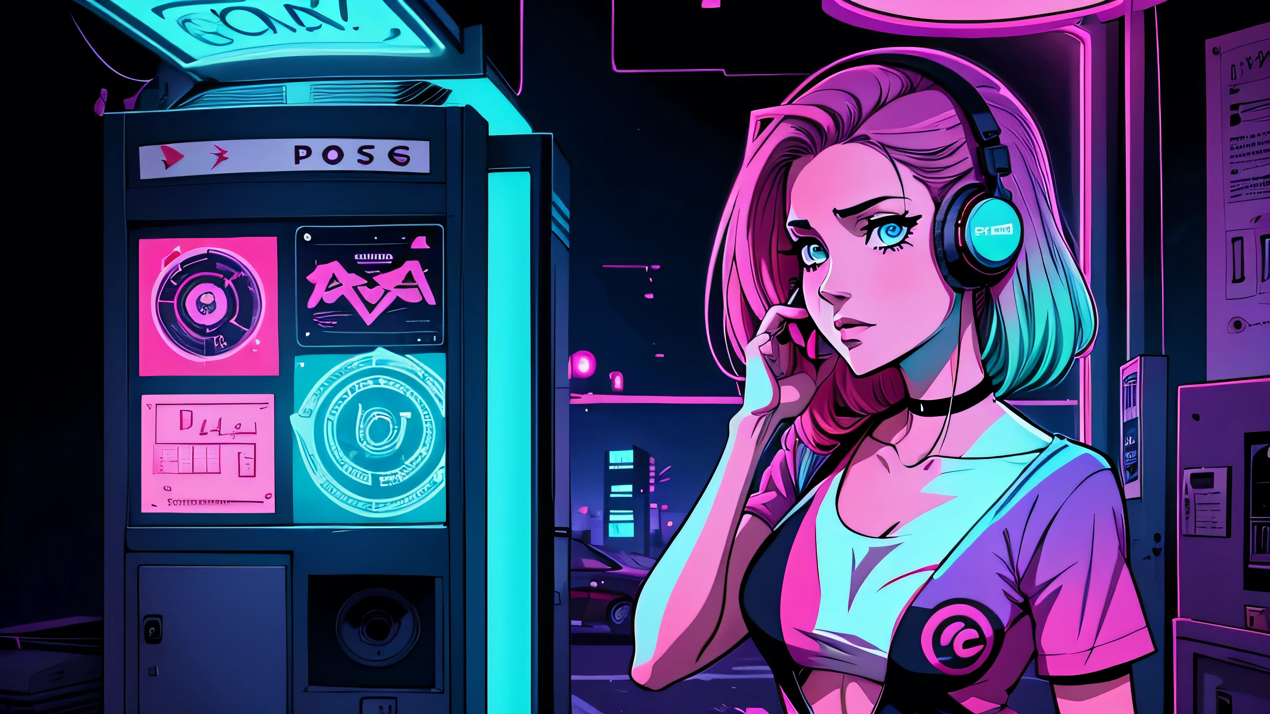garota de anime, corpo inteiro, next to a phone booth, telefone, Capa do álbum Anime Phonk Brain Sick, musica, ondas sonoras, com cores em preto neon