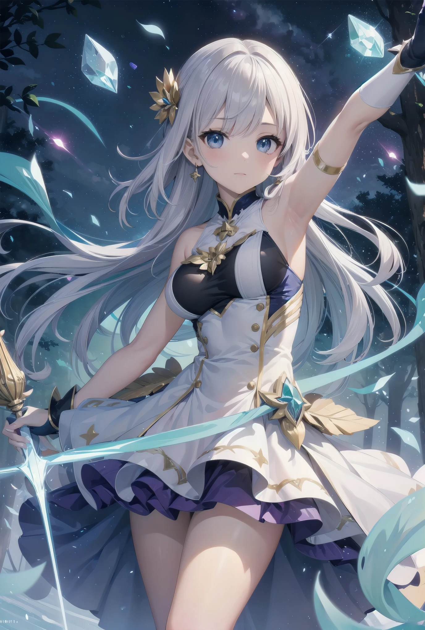 Subject: pretty magical girls.
Subtitle: masterpiece, fantastic, magical, powerful pose
Under a starry sky, in the centre of a mysterious forest, a pretty magical girl raises her glowing wand to the heavens. Around her, particles of seven-coloured magic dance, and with her powerful pose, the entire forest is enveloped in a fantastic light. For this brief moment, even time seems to have frozen.