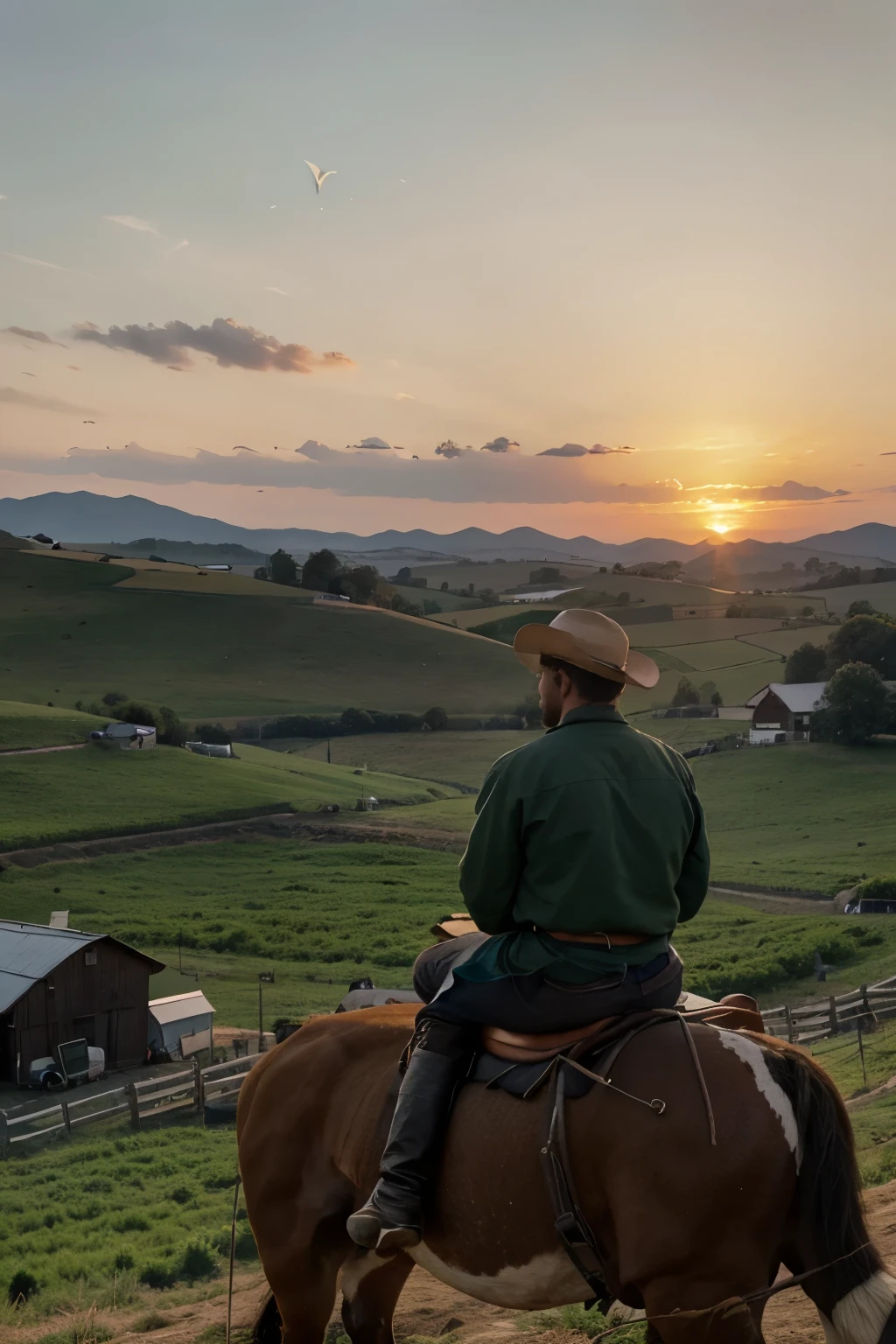 Create me a photo, where my character has a stone instead of a head and wears farmer's clothes, Sits on a horse, on the mountain during sunset and looks towards his farm where there are several buildings for horses, Cows, pigs and birds,