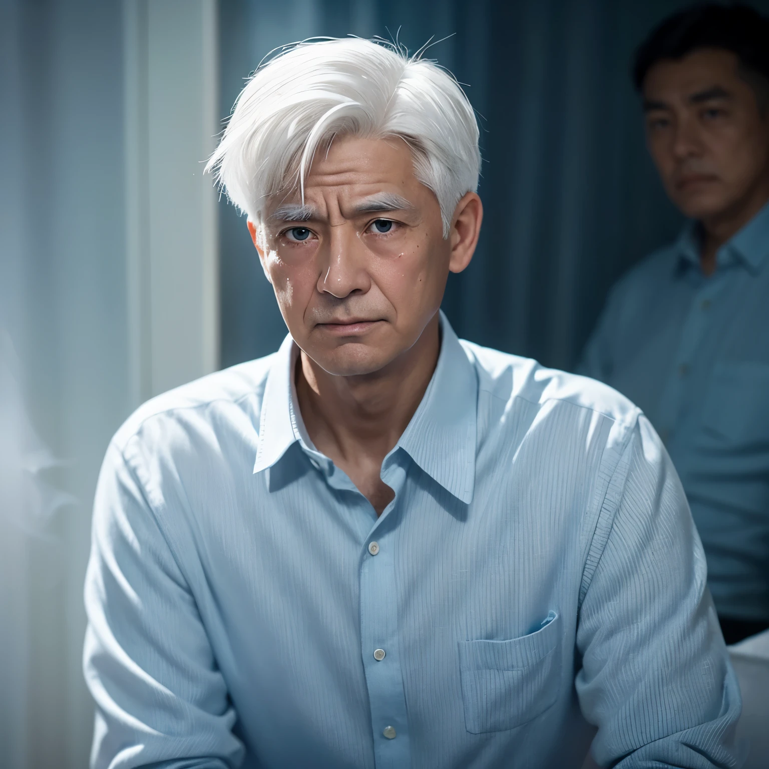 Create a young man sitting with short, sad hair and teary eyes. Behind him, the ghostly figure of an old man with feathery white hair clutches one side, emanating a transparent, bluish aura.