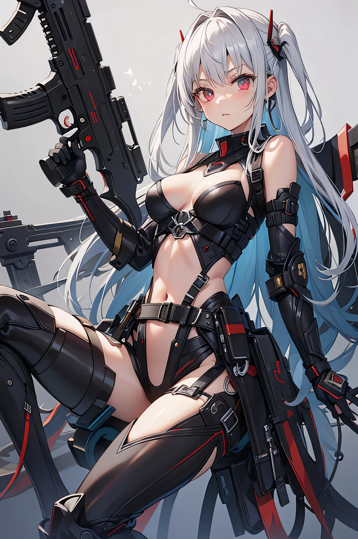 Masterpiece、top quality、1 。fight、(combat uniform:1.2), white hair,Red eyes,(gun:0.8), (knife:0.7),(Medium chest:1.4), (return々Shishi Face:0.8)