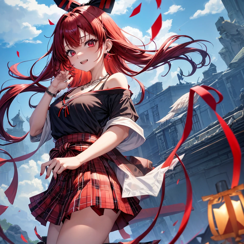 Red-blue hair、red eyes、one good looking girl、solo、anime、plaid mini skirt、black camisole、black t-shirt、kimono、wearing a ribbon、ribbon at waist、stones are piled up、crystal earrings、jewelry necklace、Light and shadow、tilting one's face、teeth are visible、、Wearing geta、lots of crystals、Lock、in the clouds、pillar、Angel、The fish is bouncing