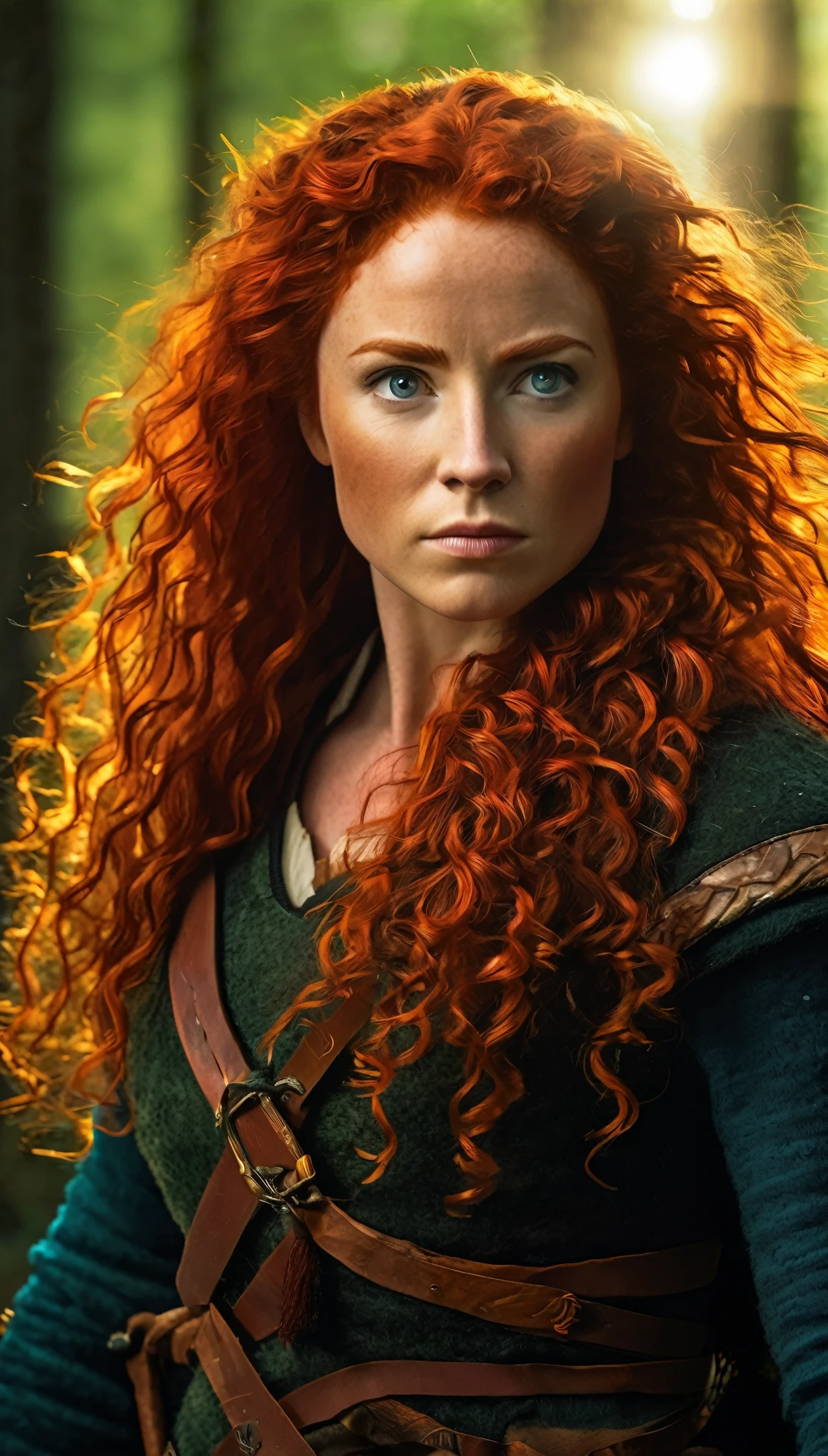 (ohwx woman) Amy Manson as Merida the Brave, realistic and detailed, best quality, portrait, vibrant colors, flowing red hair, confident expression, Celtic warrior, fierce determination, forest background, dynamic pose, sunlight streaming through the trees, traditional Scottish attire, strong and independent, epic and majestic.