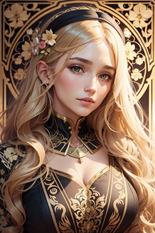 european woman face portrait, long curly hair, blonde, flower frame, decorative panels, abstract art, By Alphonse Mucha (masterpiece, highest quality, High resolution: 1.4), be familiar with, intricate details, 4k, color splash, line drawing, fibonacci, In underwear