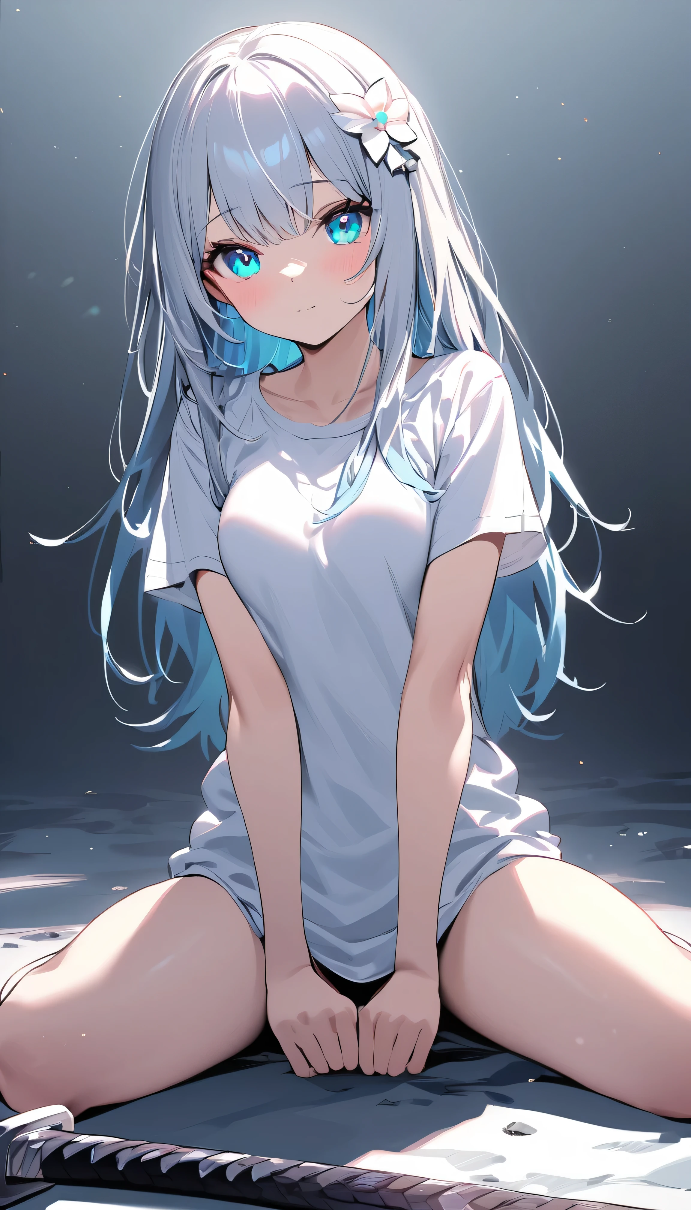 Masterpiece, saturate, full HD, best quality, 1girl, ( young girl, cute girl), slim body.medium breast, white  light hair.detailed beautiful eyes. Glowing eye. Bright aqua eyes, long hair, bangs, white T - shirt oversized, kneeling position, holding katana. White flower hair ornament, shadows surrounding girl, foggy theme, rocky plain background and many swords sticking into the ground, foggy
 