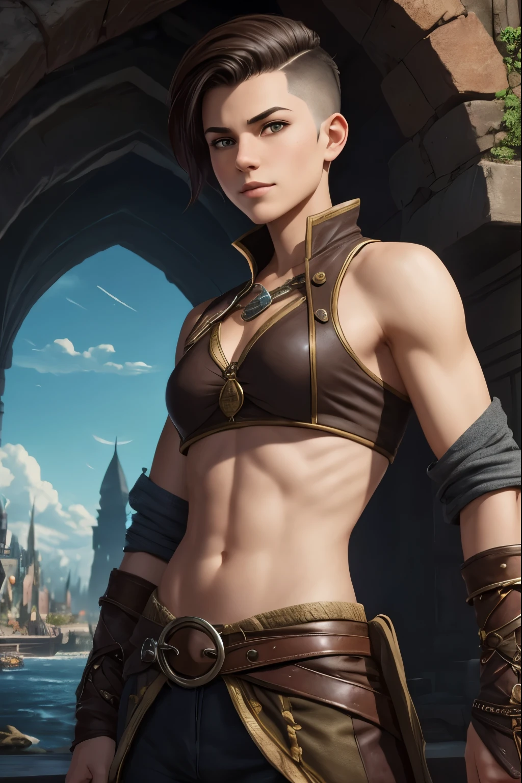 A happy young woman with an undercut in a fantasy setting. An adventurer and a rogue. Very androgynous looking. In a good mood. Sympathic. Tomboyish. Androgynous. Slim body. Very . Very small breasts. Wide hips. Thick legs. Face: Extremly pale skin with liverspots and freckles. Soft narrow face with a round chin. Soft small jaw. Big forehead. Very thin barely visible eyebrows. Upturned big dark-brown eyes. Dark-brown eyecolour. Very long and wide nose. Big curved lips. Very short dark-brown hair. A boyish short haircut. Undercut. Sides shaved. A tight fantasy outfit of a lonley adventurer and rogue with a tank top. Background: A colorful and vast huge fantasy renaissance city. Beutiful bright colours. A vast medieval fantasy metropolis.