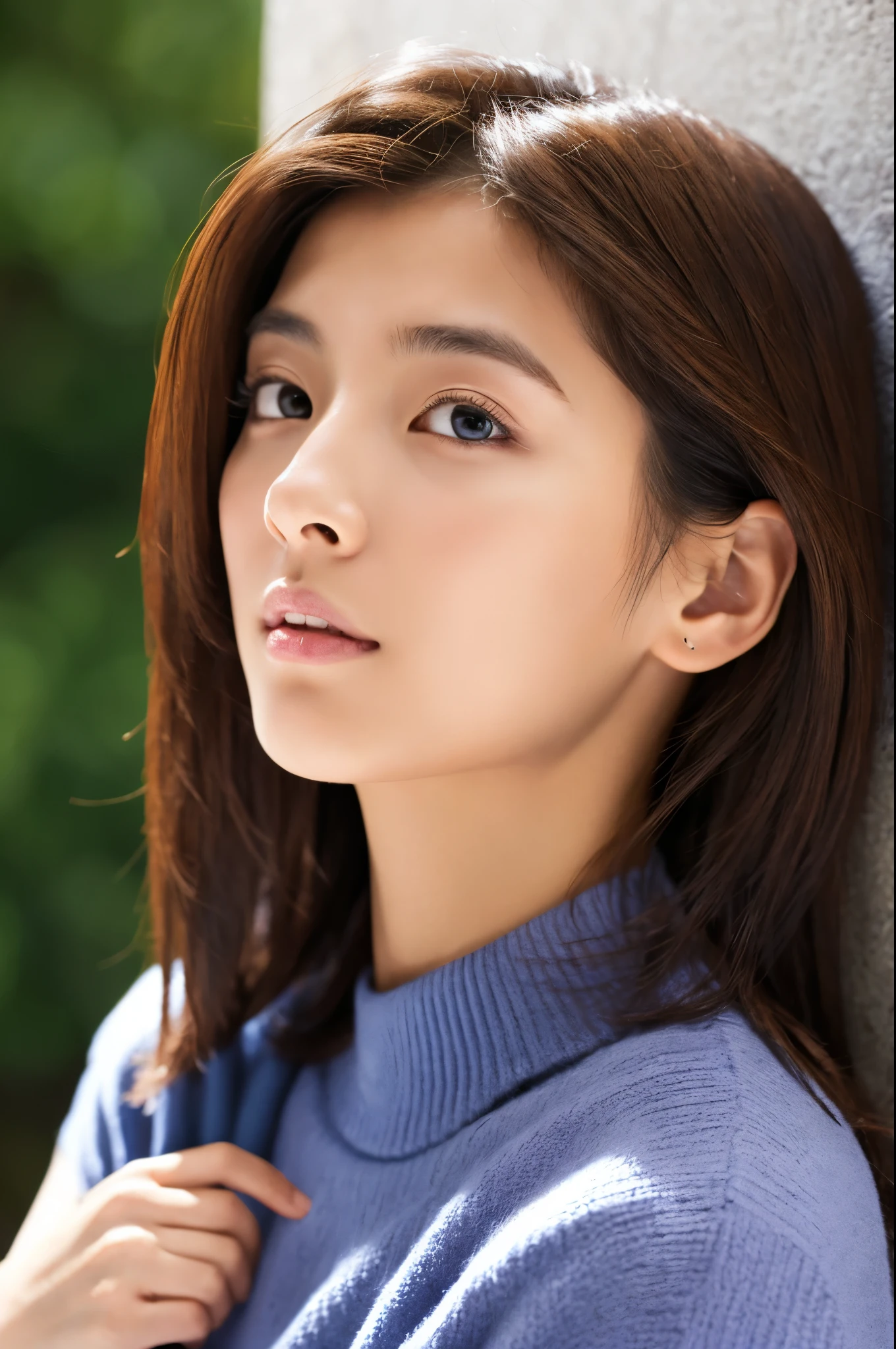 (Show underarms, A hyper-realistic, Armpit, Detailed armpit wrinkles, Detailed armpit pores), (high resolution), (8K), (highly detailed), (The best illustrations), (beatiful detailed eyes), (top-quality), (ultra-detailliert), (masterpiece), (wall-paper), (Detailed face), 30 years old female, Show beautiful armpits, Brown hair, Short or medium hair, Upper body only, dark blue sweater without sleeves, Slender Japanese