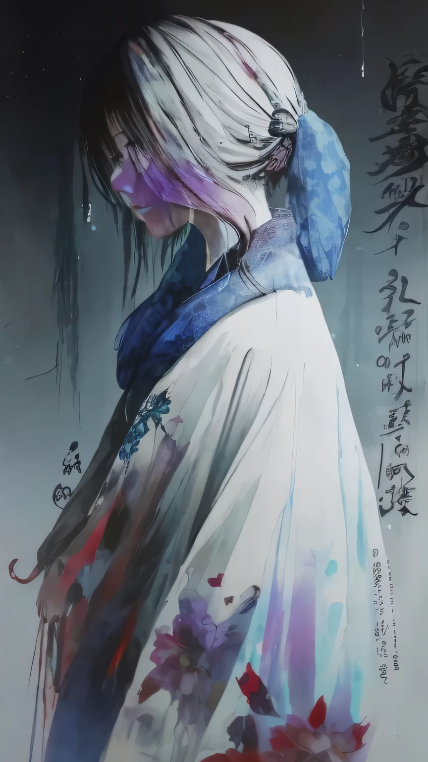 ink touch、winter colors, chinese ink drips, artistic painting,a woman,luminous design, pastel colours, ink drips, autumn lights,The encounter is in the wind、Since the day I fell in love、I was looking for you without even realizing it、Don't cry, love