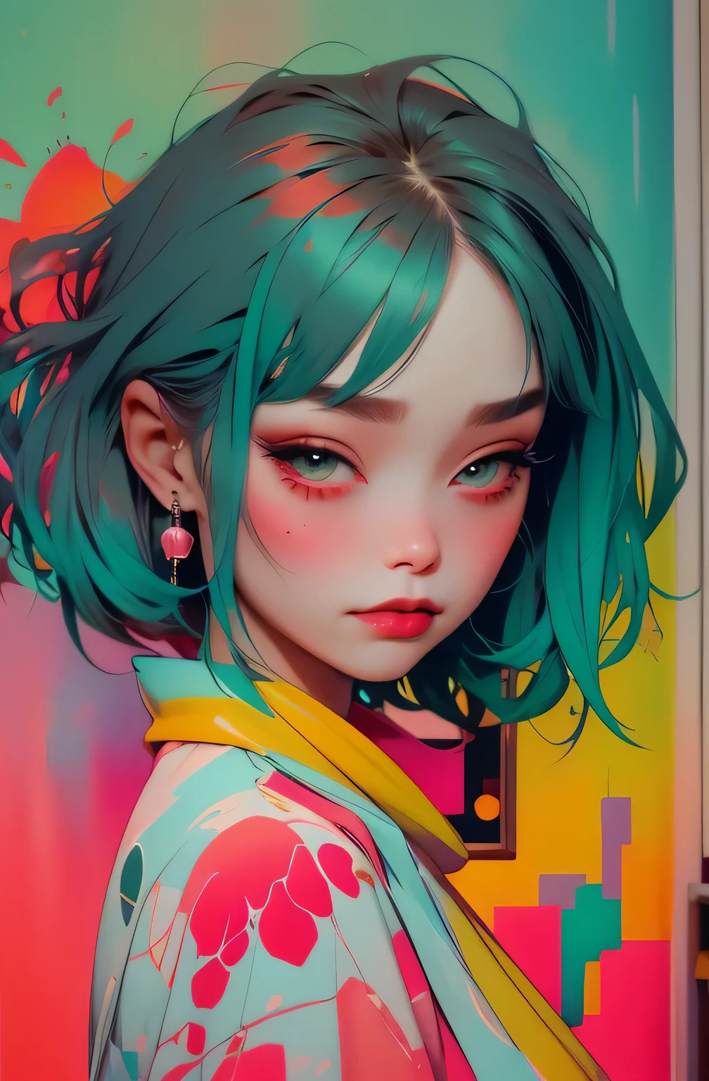 the city that never sleeps、Watercolor Touch、Bleeding、a woman , luminous design, pastel colours, ink drips, spot lights,Artistic,black and red、terrible