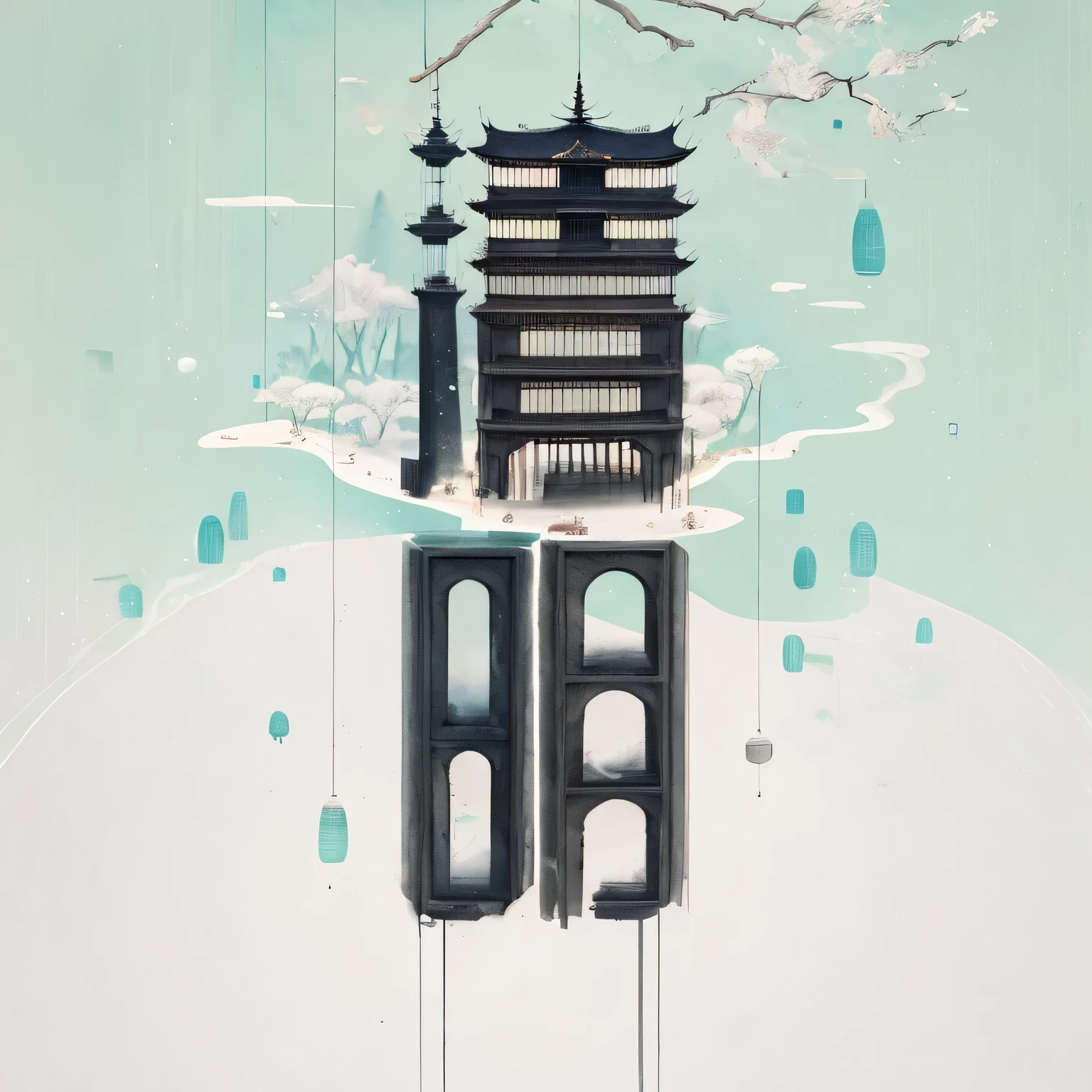 (Depth of field effect) (Ancient Chinese architectures on an isolated island), (tower, architecture) (pavilion,Miscellaneous trees, cloud, green trees, maple, mangrove, small stone, birdie), Chinese watercolor style, (Chinese painting风格), Chinese landscape,Chinese traditional watercolor painting,Chinese painting,Watercolor 8K, (reflection), clear boundaries between light and shadow, light and shadow, light and shadow effect, masterpiece,Super details, epic work, ultra high definition, high quality, Very detailed, official art, unified 8k wallpaper, Super details,chiaroscuro.