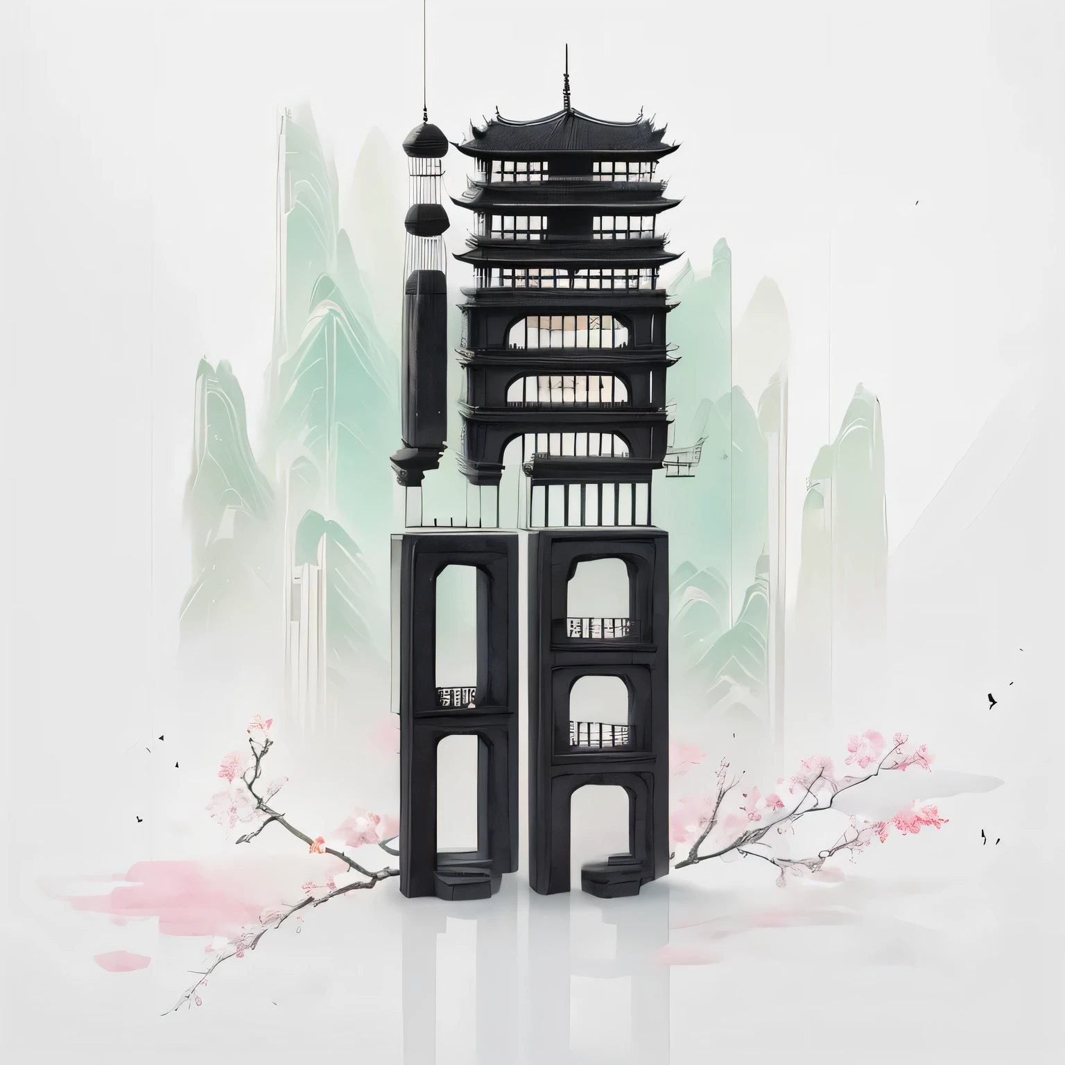 (Depth of field effect) (Ancient Chinese architectures on an isolated island), (tower, architecture) (pavilion,Miscellaneous trees, cloud, green trees, maple, mangrove, small stone, birdie), Chinese watercolor style, (Chinese painting风格), Chinese landscape,Chinese traditional watercolor painting,Chinese painting,Watercolor 8K, (reflection), clear boundaries between light and shadow, light and shadow, light and shadow effect, masterpiece,Super details, epic work, ultra high definition, high quality, Very detailed, official art, unified 8k wallpaper, Super details,chiaroscuro.