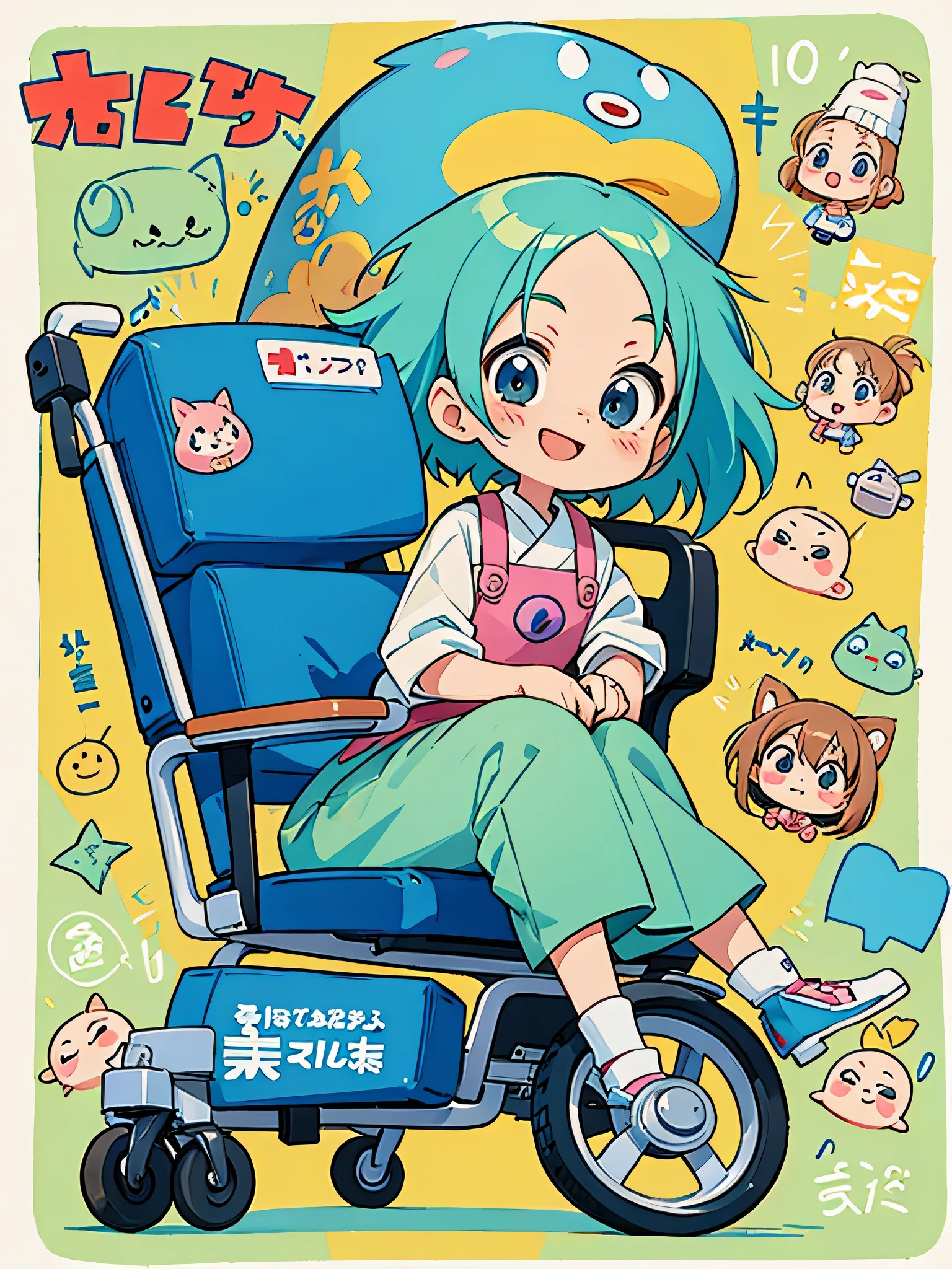 akira toriyama style, Kawaii Design, most beautiful girl ever、Chibi, best smile、wheelchair、hospital,