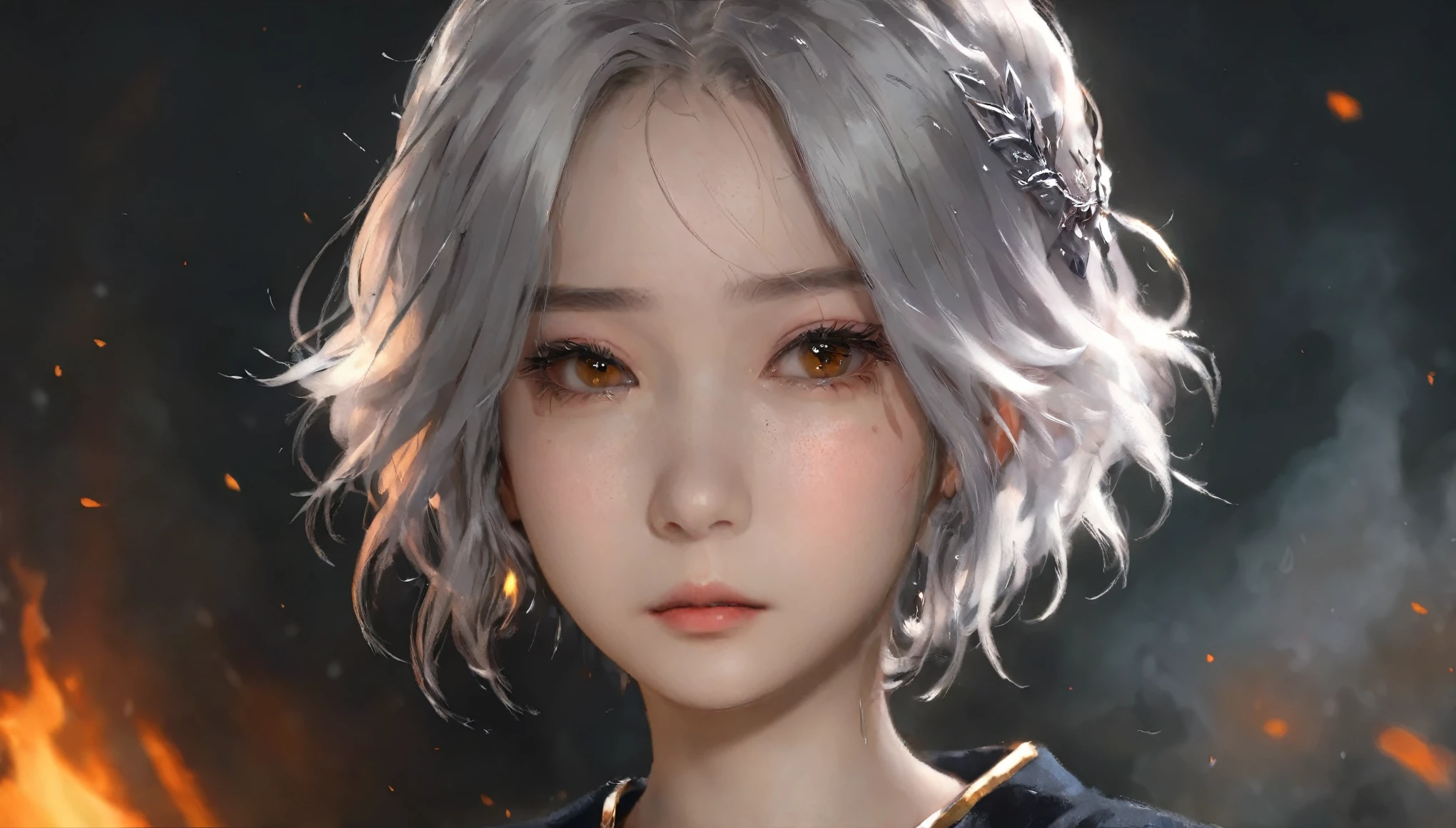 sam yang, wlop, dark night, blush, burning, queen uniform, closed mouth, eyelashes, looking at viewer, looking good, medium hair, motion blur, sharp eyes, golden eyes, silver hair, portrait, solo , ((masterpiece))