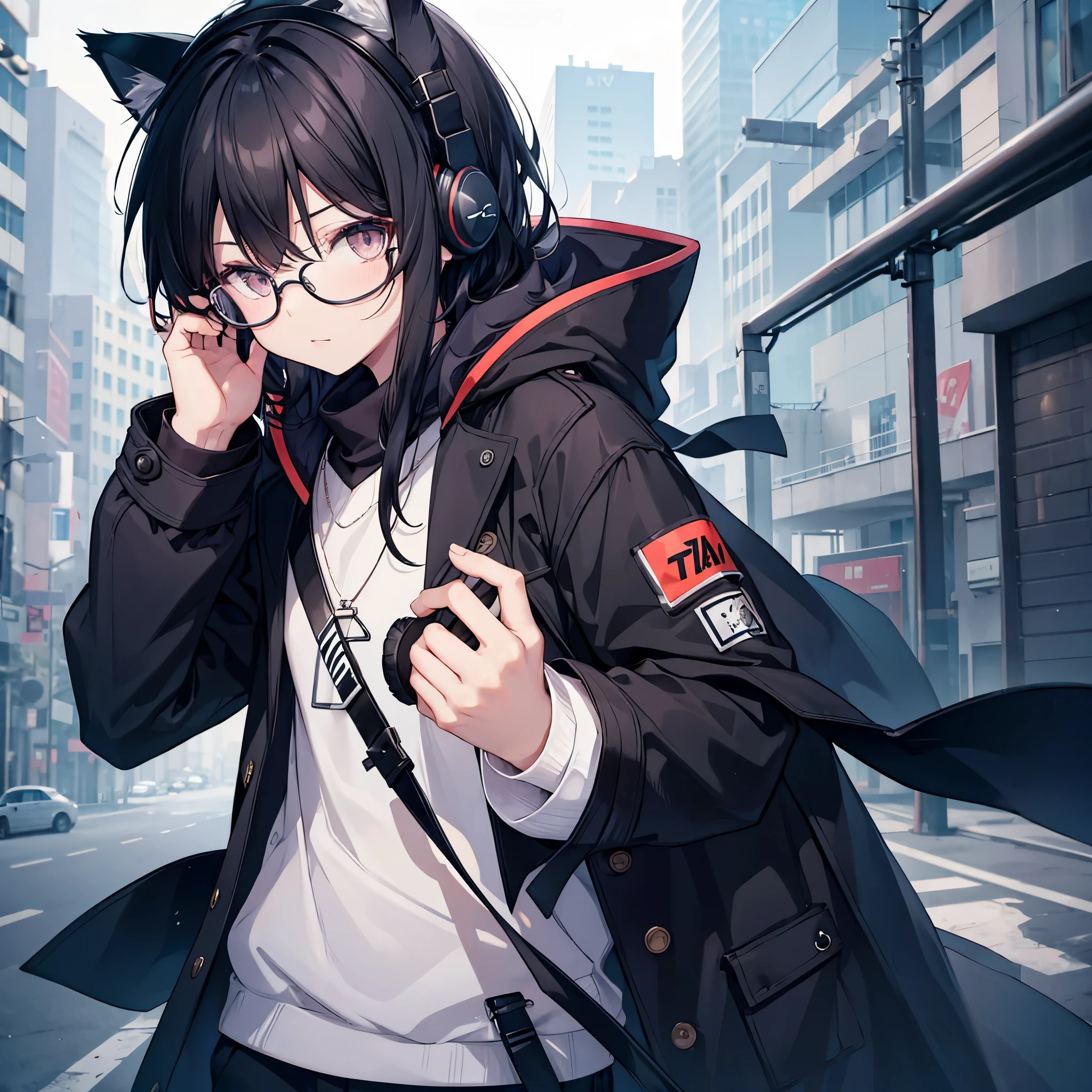 boy,cat-eared girl,black hair,medium length,wearing glasses,Experiments are being done,Headphones,Wear an overcoat