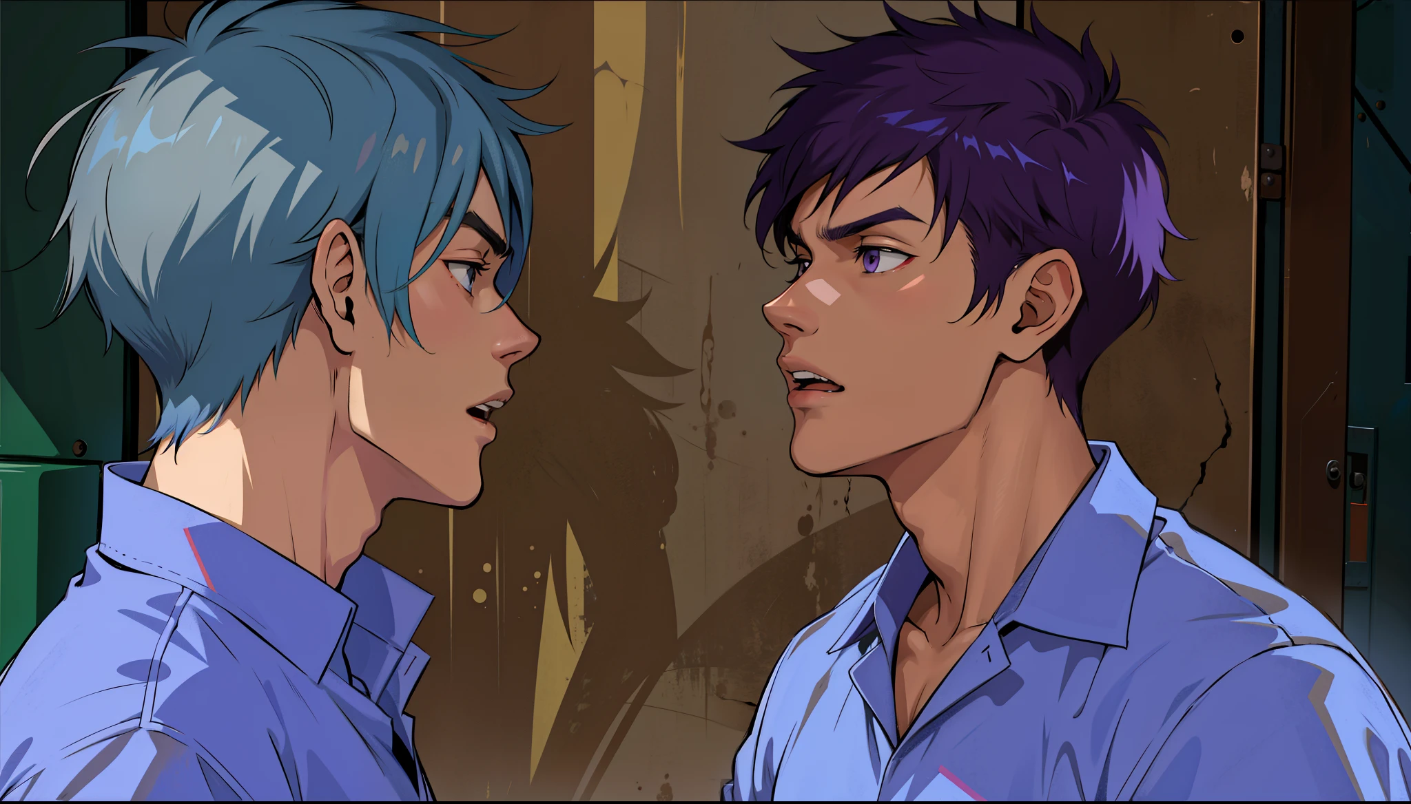 the two boys are arguing fighting they are angry they are shouting at each other teenage anime scene two handsome 16 year old boys with purple hair approach each other