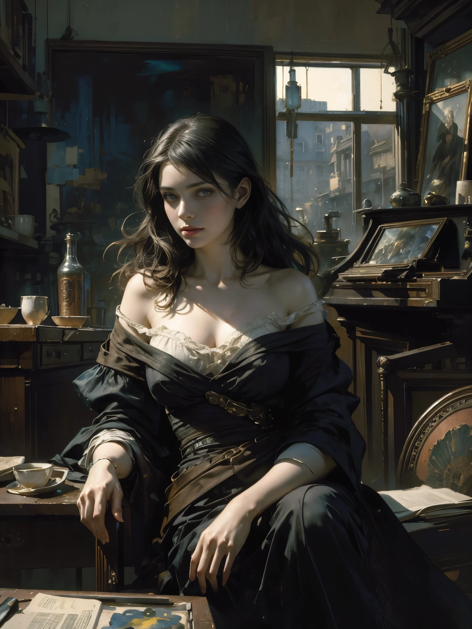 painting of woman, with influence of Jeremy Mann, Jeremy Mann, style of Jeremy Mann, Jeremy Mann painting, Jeremy Mann art, Ron Hicks, Liepke, Jeremy Mann and alphonse mucha, Works that influenced Edmund Blampid, robert lenkiewicz, Casey Baugh and James Jean, Works that influenced Willem Kalf, Nick Alm, tumbler, figurative art, intense watercolor, watercolor detailed art,Beautiful and expressive paintings, Beautiful artwork illustration, wonderful, cool beauty, highest quality, official art, perfect composition,perfect angle, best shot, women only, sharp outline, Mysterious, nostalgia, nostalgia, romantic, fantasy, The blurred boundary between past and present, Eyes without pupils, colored eyes, ideal animation, In search of lost time, marcel proust, sentimental, Paris in the first half of the 20th century, montparnasse, Full body Esbian, Close-up