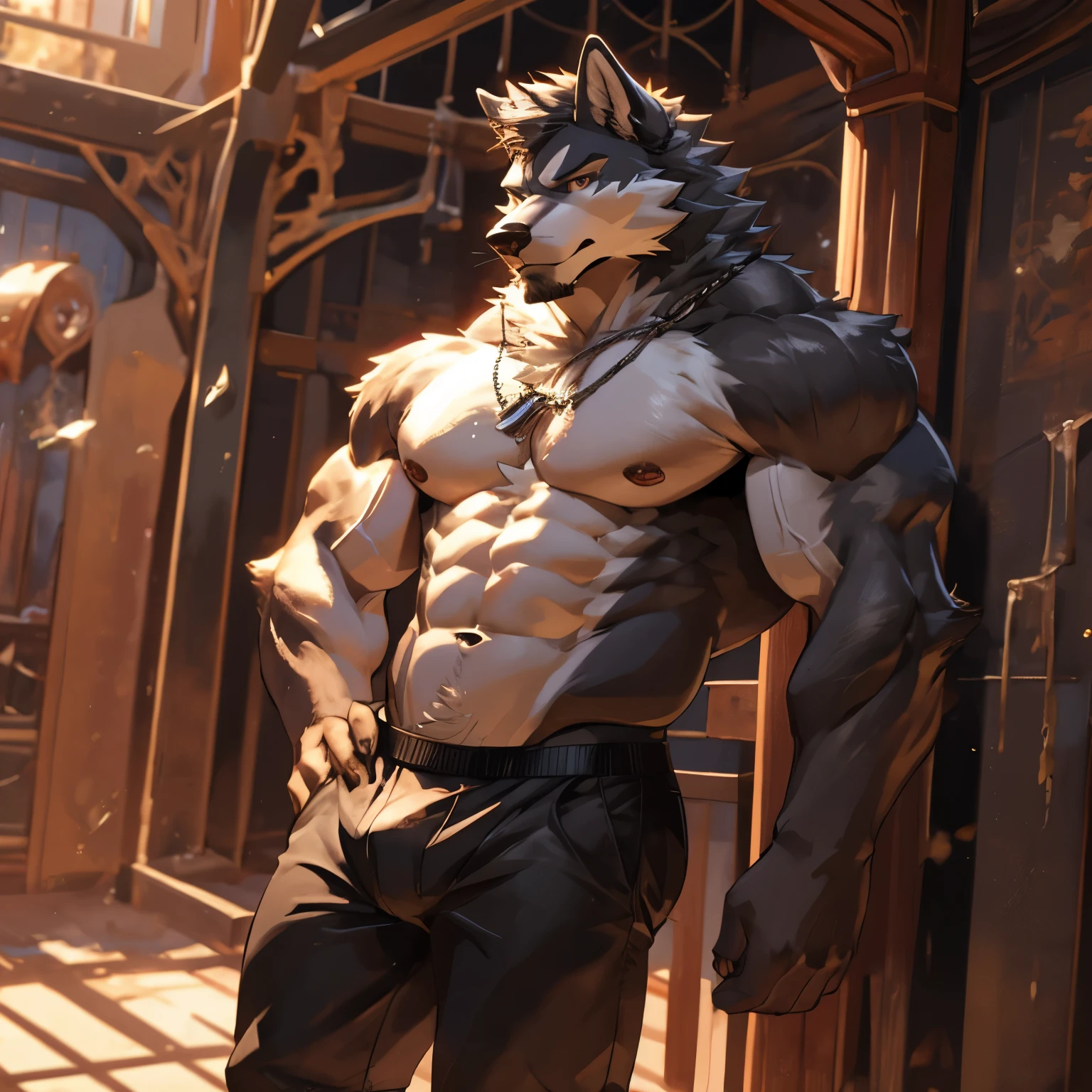 Masterpiece, Solo, Furry Gray wolf, Adult, Gray Fur, brown Eyes, Gray Short Hair, Very Muscular Body, Hard Muscle, Veins in the muscle, Good Looking, Handsome, Fierce, shirtless, Hot Pose,underwear boxer