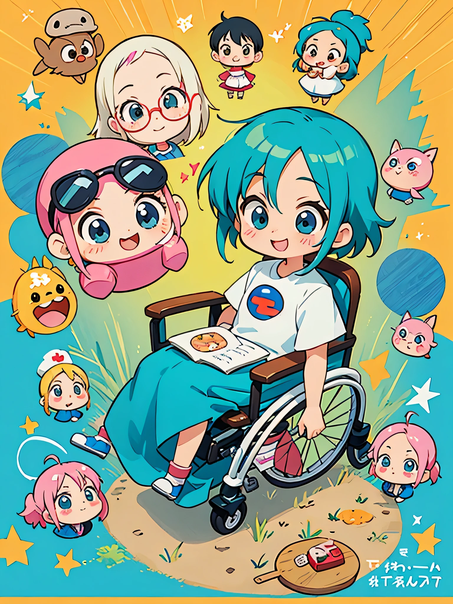 akira toriyama style, Kawaii Design, most beautiful girl ever、Chibi, best smile、wheelchair、hospital、Lots of friends