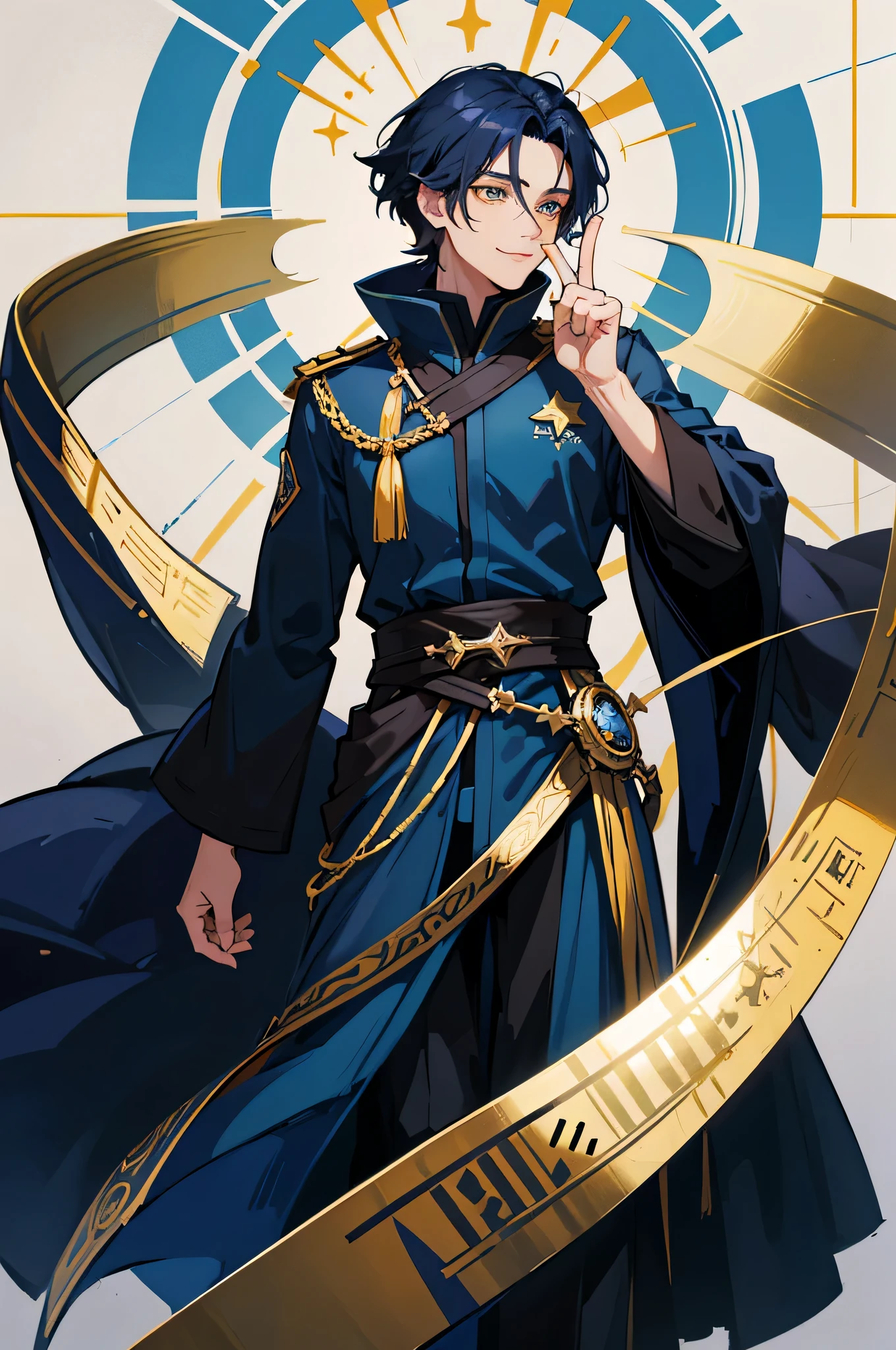 1 male, a men who is twenty-five year old, Dark-blue haired male character, Dark-blue medium-length hair, half body, high precision, fine, male character, HD face, fine eyes, yellow eyes like the star, modern clothing, black shirt, white tunic, single, black long-sleeved coat, dark circles, three-seven bangs, wizard, star, He is smiling and pose with index finger up, sharp, adult, simple background