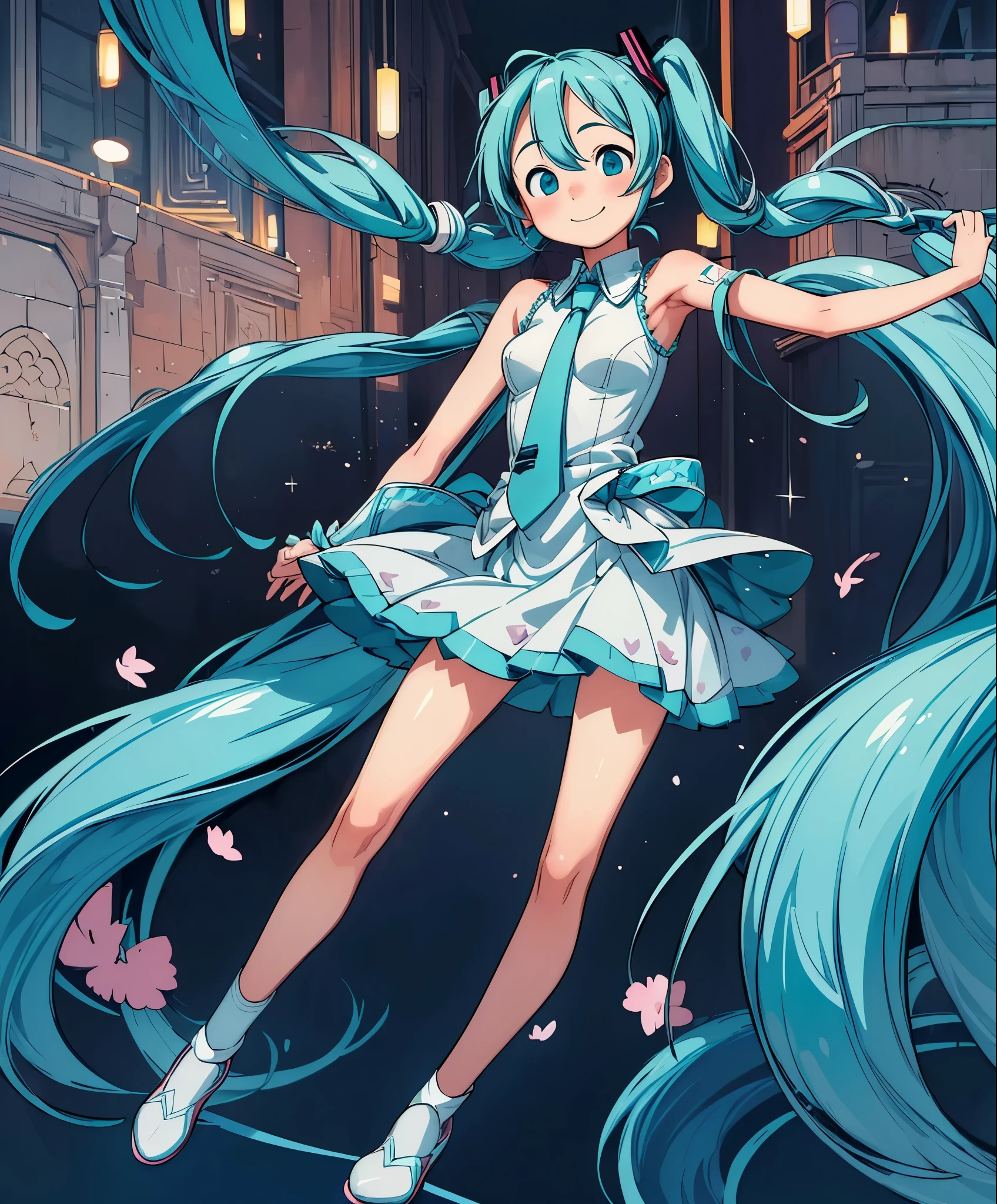 (masterpiece、highest quality、highest quality、official art、beautiful beautiful:1.2)、(1 girl:1.3)Hatsune Miku、twin tails,big breasts,(1 girl), (alone: 2.0), beautiful and charming anime girl, smile, beautiful blue eyes, beautiful proportions, Hatsune Miku, gentle expression, seductive anime girl, full body, arabic style dancer