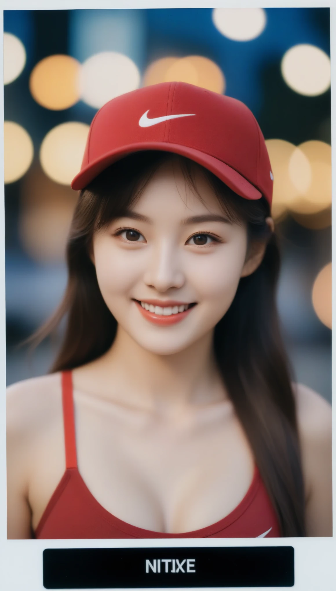 close-up of beautiful korean female, 34 inch breasts size,wearing red Nike caps, wearing red sport bra black trim, smile, bokeh background, Polaroid photo, UHD