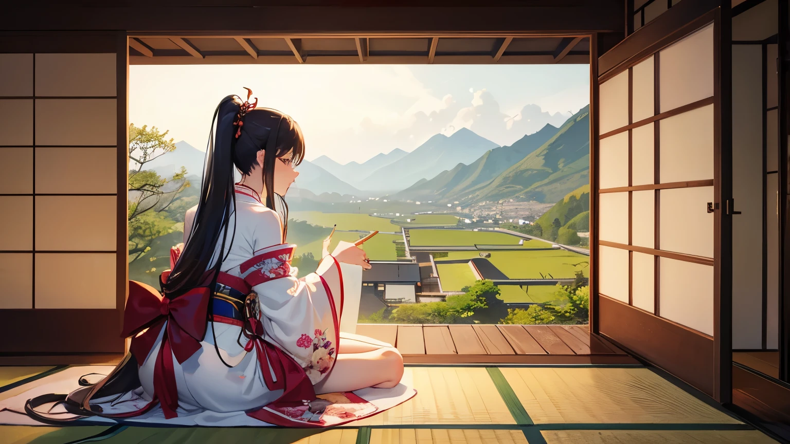 Fantasy City　Japanese style　night　Girl listening to music in a Japanese style room　The view is rural