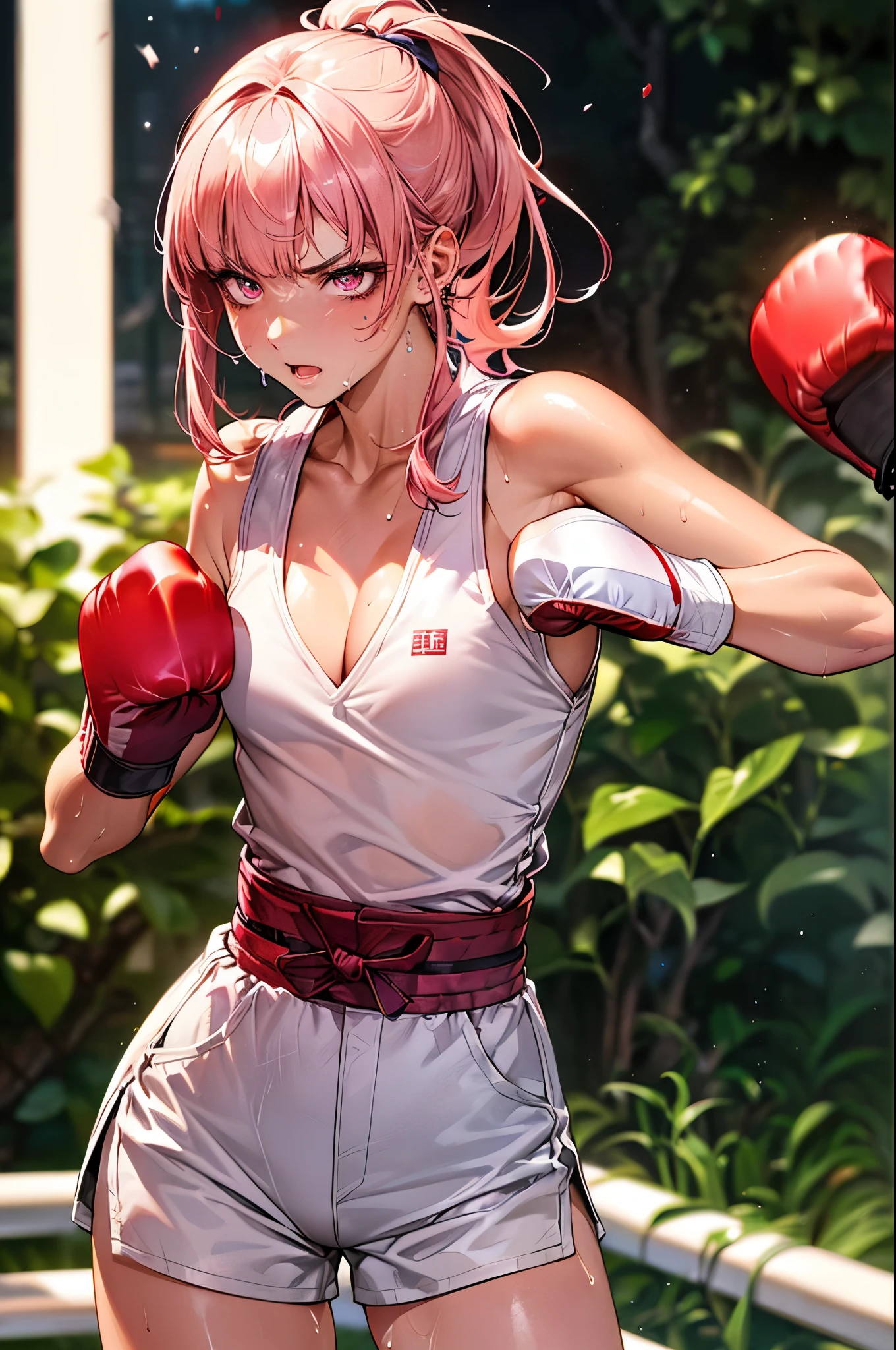 dynamic angle、nsfw,((perfect anatomy,realistic,:1.4,RAW Photography:1.3,masterpiece、highest quality、Ultra - High resolution、High resolution、Highly detailed CG、8K)),1 female,solo,((20 year old beauty,beautiful detailed face and eyes,gorgeous eyes,pink eyes)),((pink hair,ponytail,long hair,blunt bangs,straight hair)),((medium breasts,slender body,small head:1.4,skinny)),(oily skin,gleaming skin,shiny skin,sweat:1.4),((Karate's white uniform, cleavage,sleeveless、white micro shorts)),karate training in progress、((punching_hitting the bag:1.7)),action pose、(Japanese-style garden,outdoor)、Tokyo、moonlight、