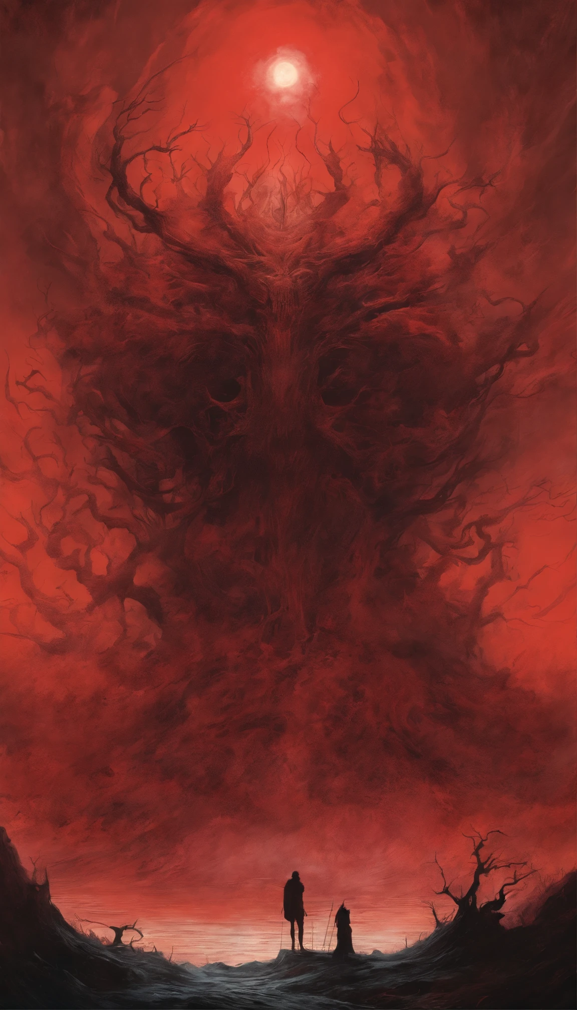 mythical creatures, author:Zdzisław Beksinski and Van Gogh, album cover, romantic, surrealism, futuristic ,Satan, coral, wizard, abstracted, dark, red, hell, landscape、devil、scared、fear