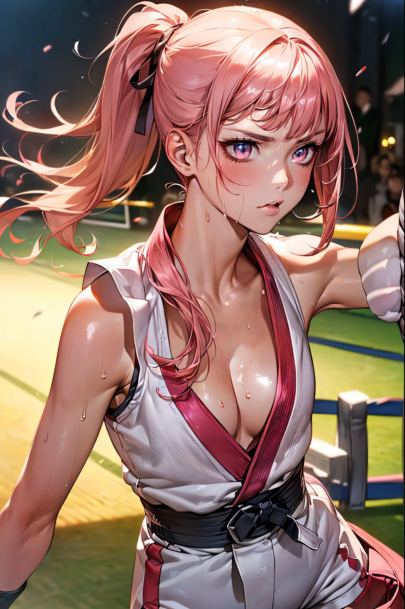 dynamic angle、nsfw,((perfect anatomy,realistic,:1.4,RAW Photography:1.3,masterpiece、highest quality、Ultra - High resolution、High resolution、Highly detailed CG、8K)),1 female,solo,((20 year old beauty,beautiful detailed face and eyes,gorgeous eyes,pink eyes)),((pink hair,ponytail,long hair,blunt bangs,straight hair)),((medium breasts,slender body,small head:1.4,skinny)),(oily skin,gleaming skin,shiny skin,sweat:1.4),((Karate's white uniform, cleavage,sleeveless、white micro shorts)),karate training in progress、((punching_hitting the bag:1.7)),action pose、(Japanese-style garden,outdoor)、Tokyo、moonlight、